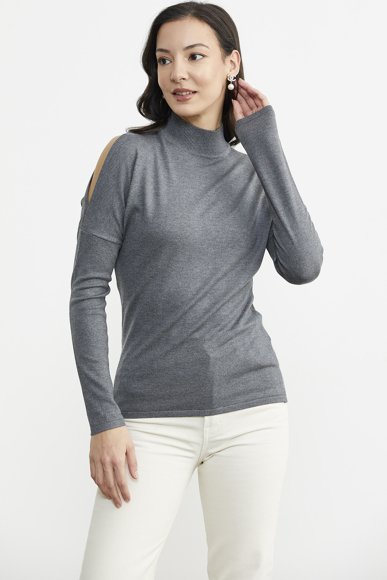 Omuz Detaylı Triko Kazak - Koyu Gri (4) Sementa