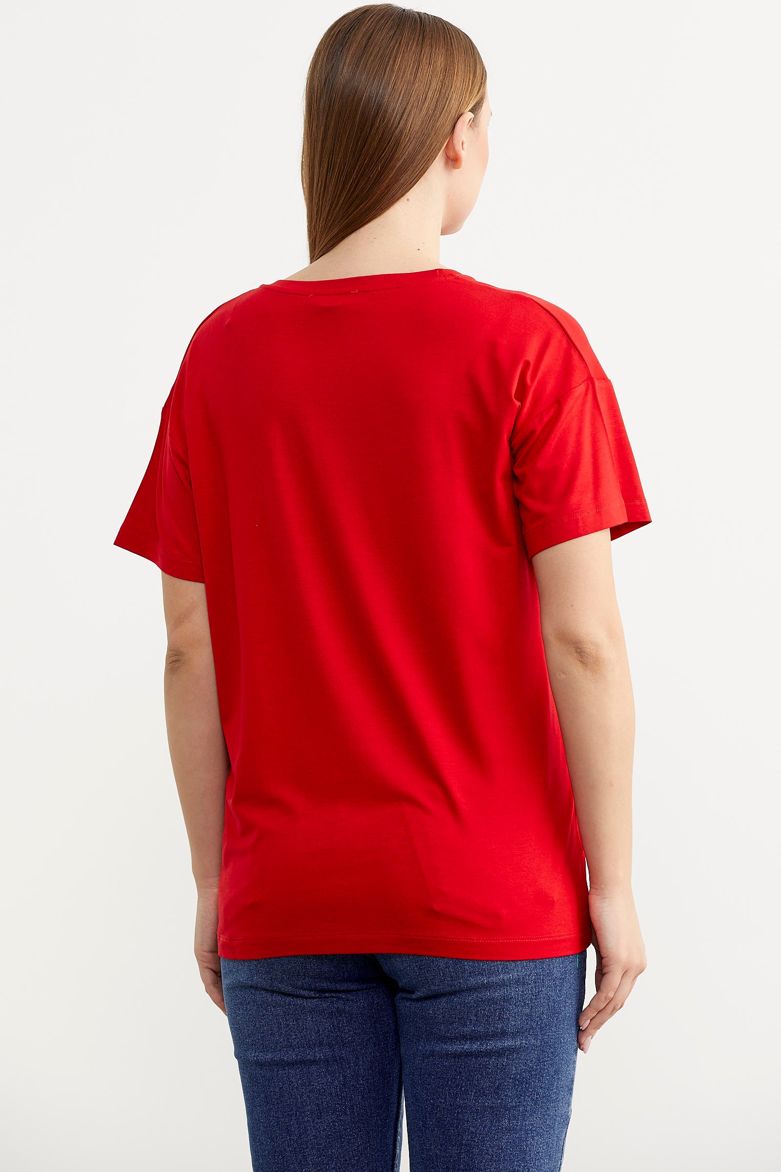 Omuz Düğme Detaylı Baskılı Tişört - Kırmızı (5) Sementa