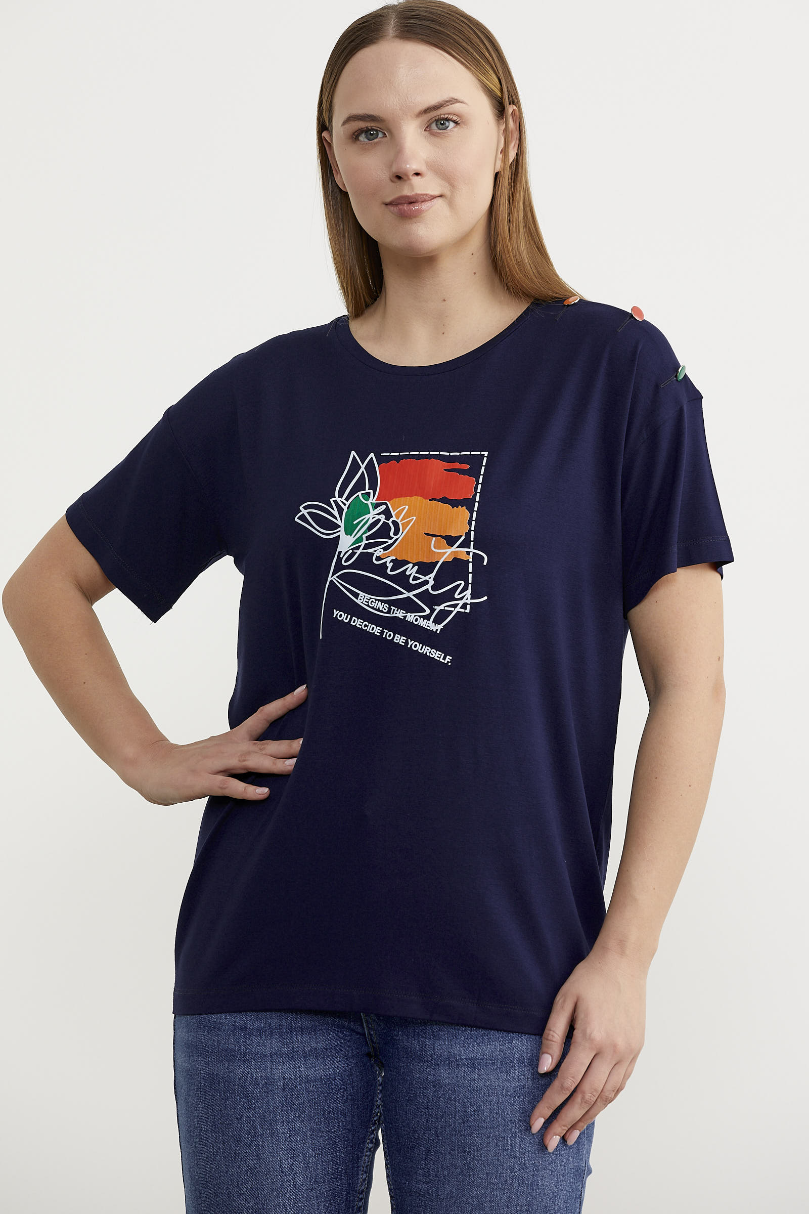 Omuz Düğme Detaylı Baskılı Tişört - Lacivert (3) Sementa