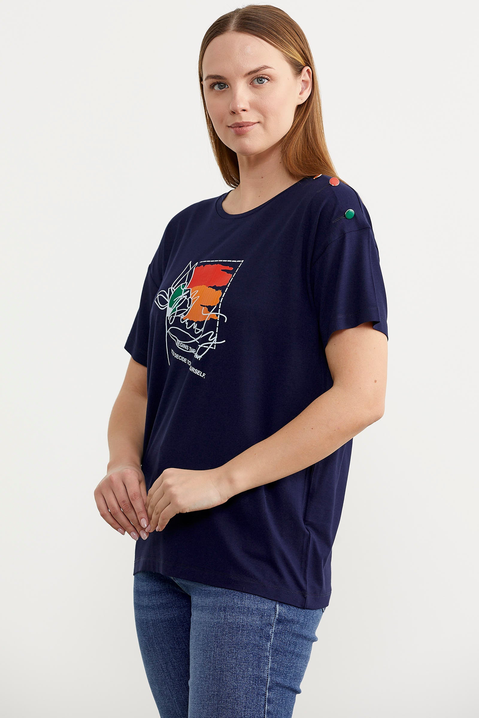 Omuz Düğme Detaylı Baskılı Tişört - Lacivert (4) Sementa