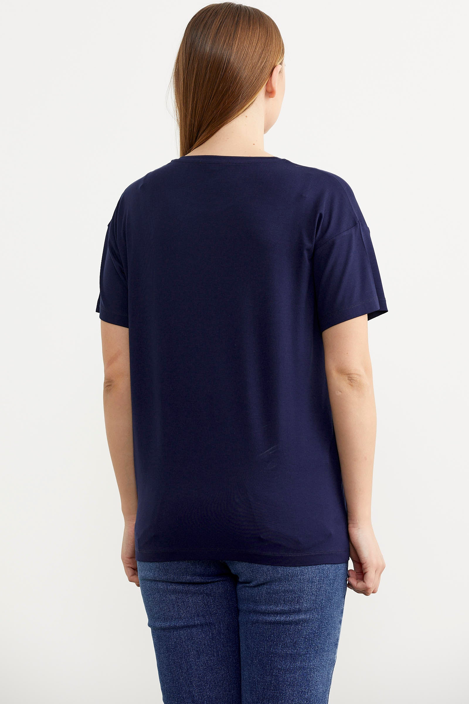Omuz Düğme Detaylı Baskılı Tişört - Lacivert (5) Sementa