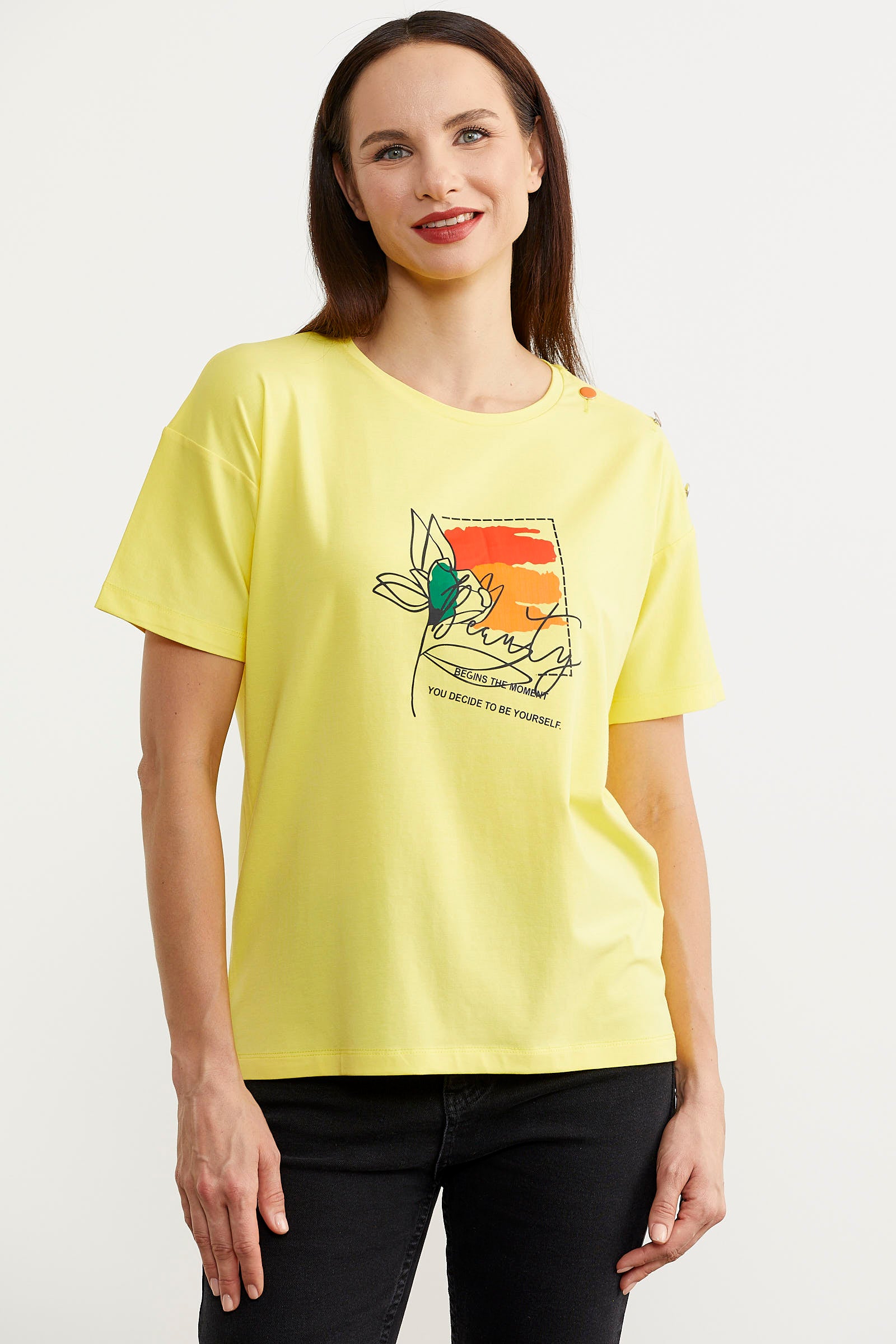 Omuz Düğme Detaylı Baskılı Tişört - Sarı (2) Sementa