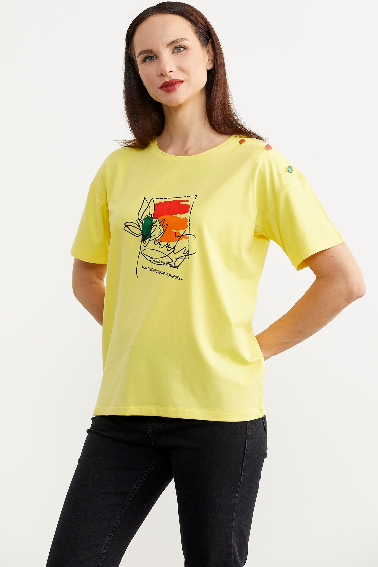 Omuz Düğme Detaylı Baskılı Tişört - Sarı (3) Sementa