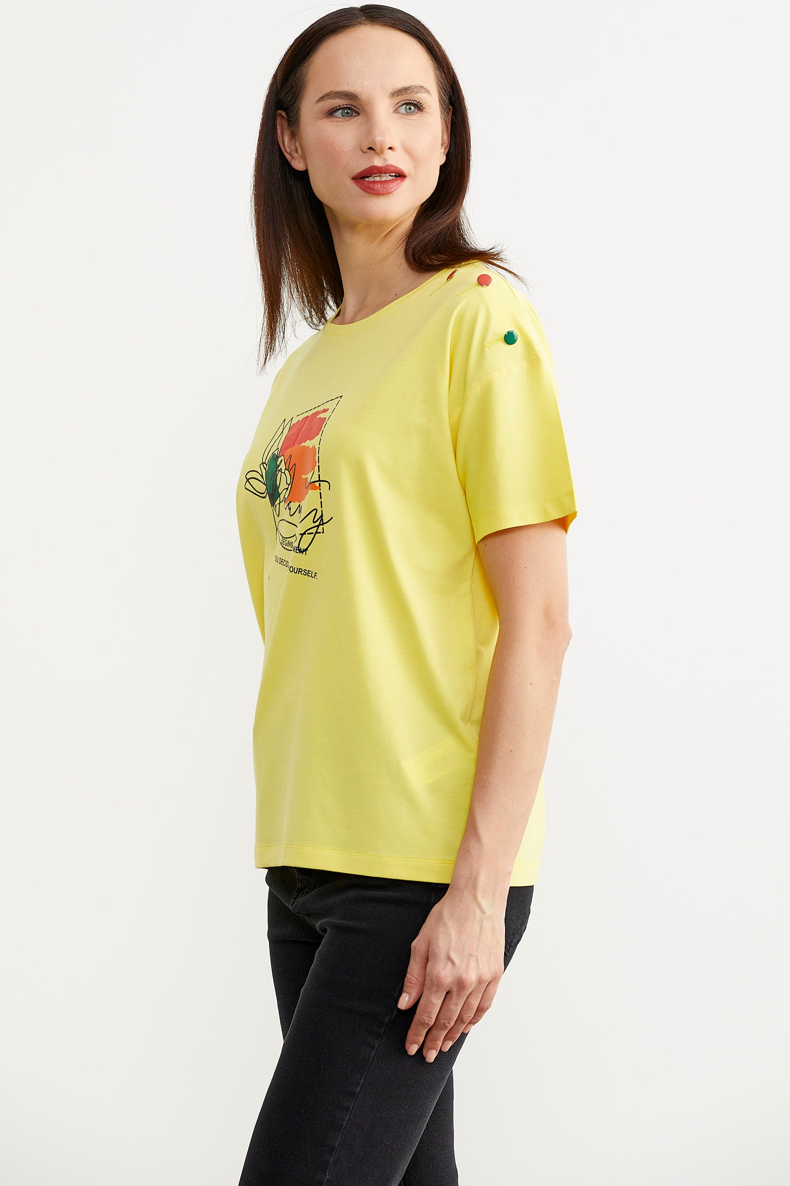 Omuz Düğme Detaylı Baskılı Tişört - Sarı (4) Sementa