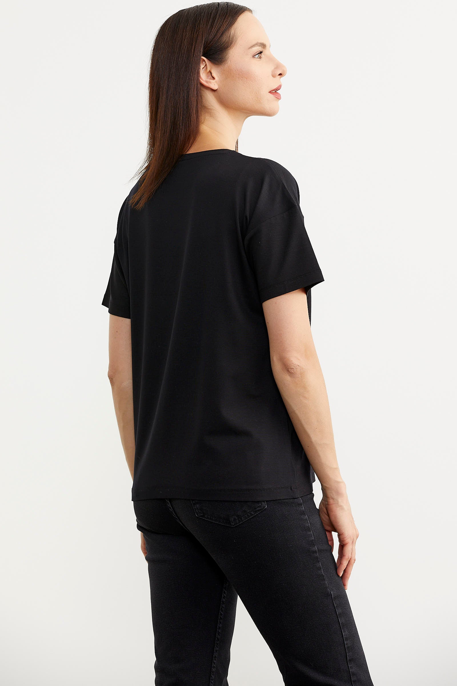 Omuz Düğme Detaylı Baskılı Tişört - Siyah (4) Sementa