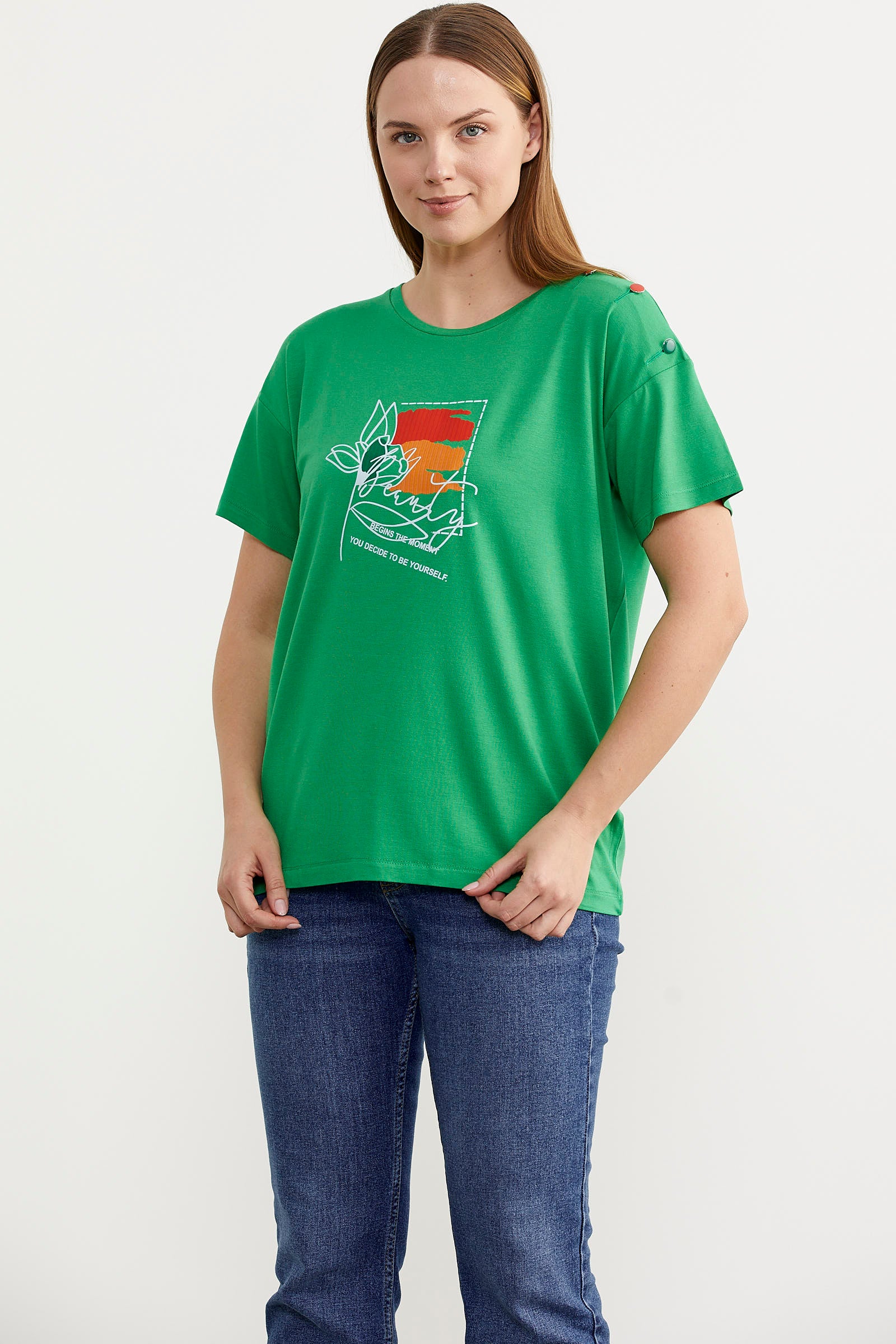 Omuz Düğme Detaylı Baskılı Tişört - Yeşil (2) Sementa