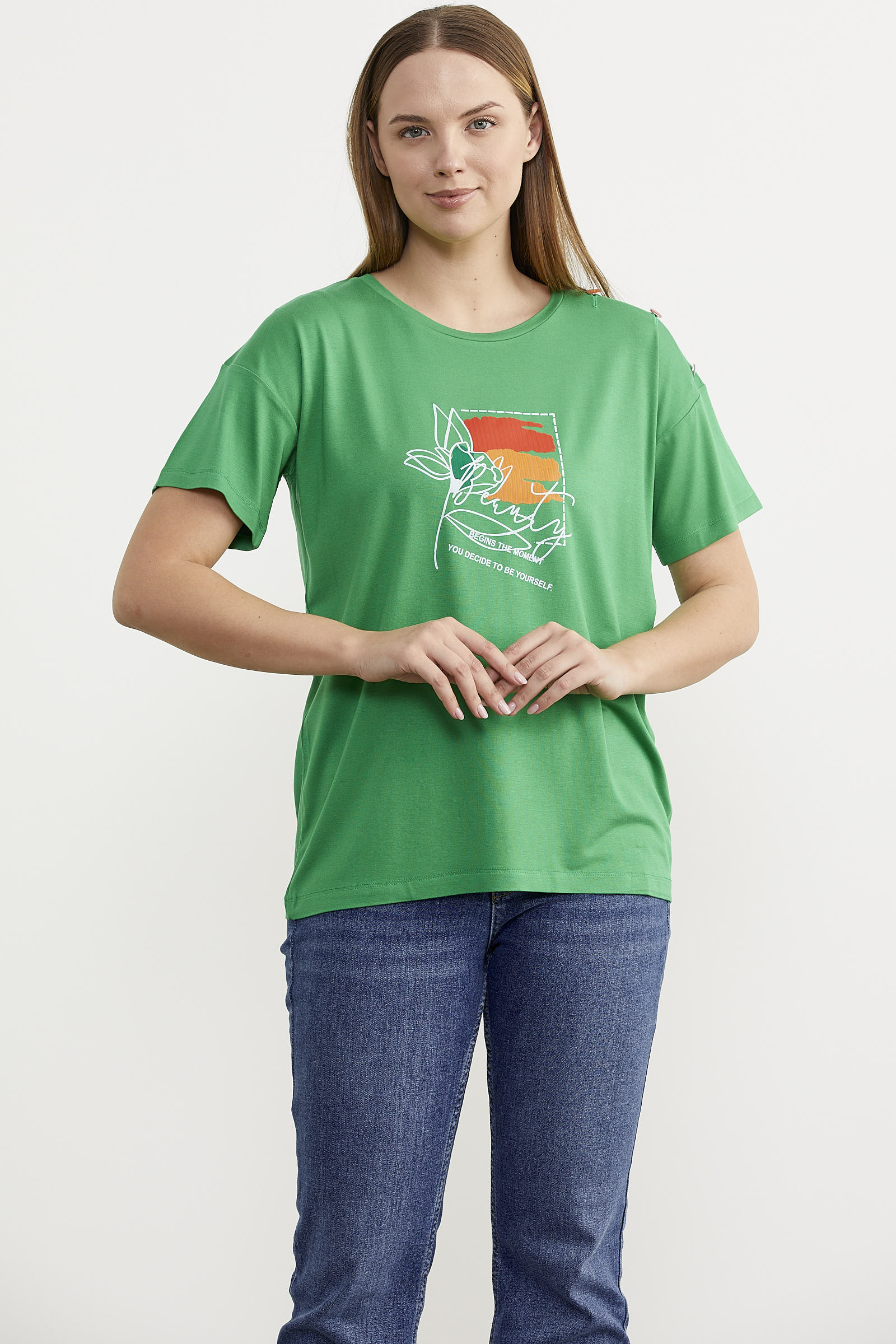 Omuz Düğme Detaylı Baskılı Tişört - Yeşil (3) Sementa