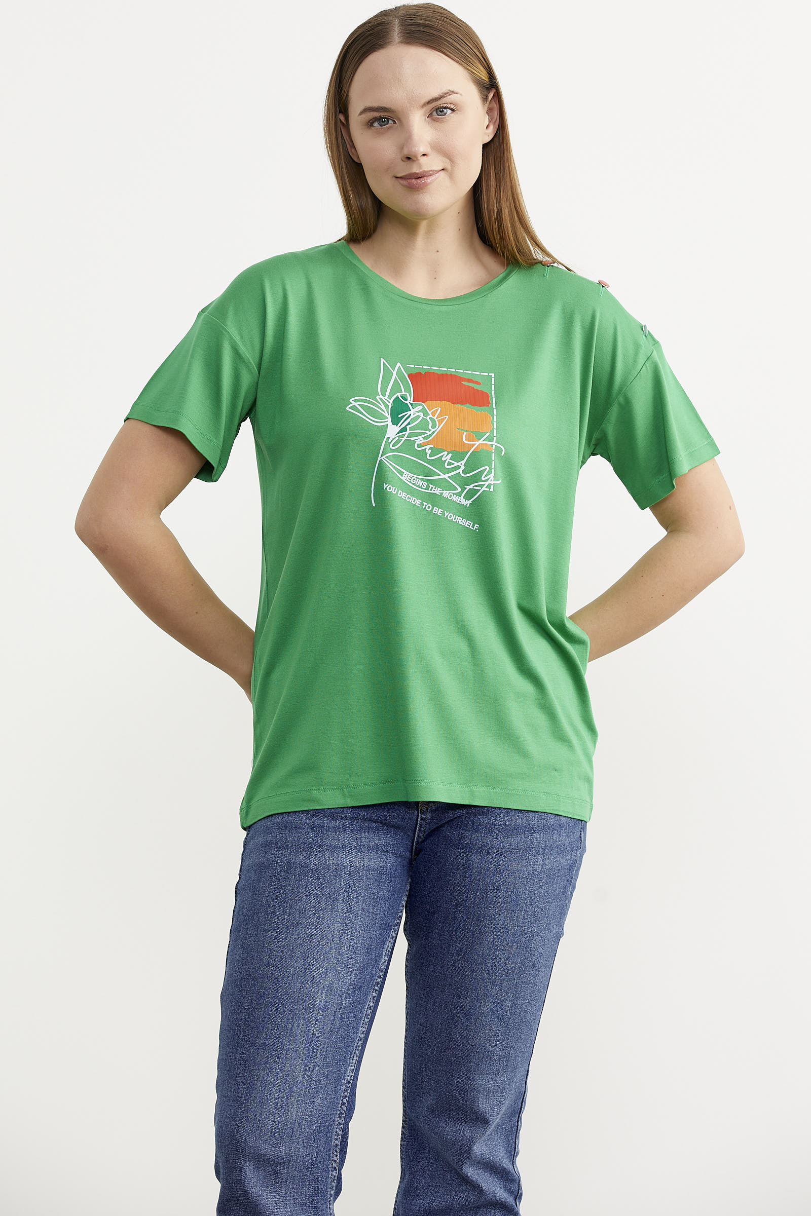 Omuz Düğme Detaylı Baskılı Tişört - Yeşil (4) Sementa