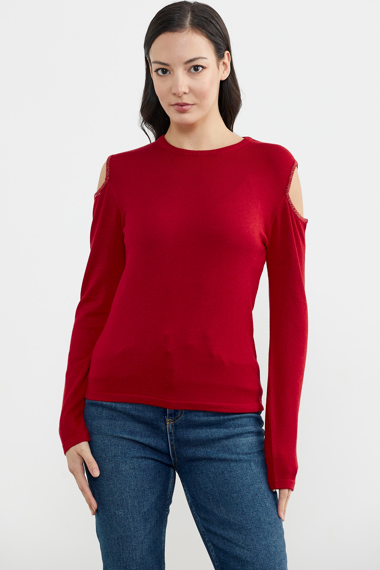 Omuzları Açık Basic Triko Kazak - Kırmızı (1) Sementa