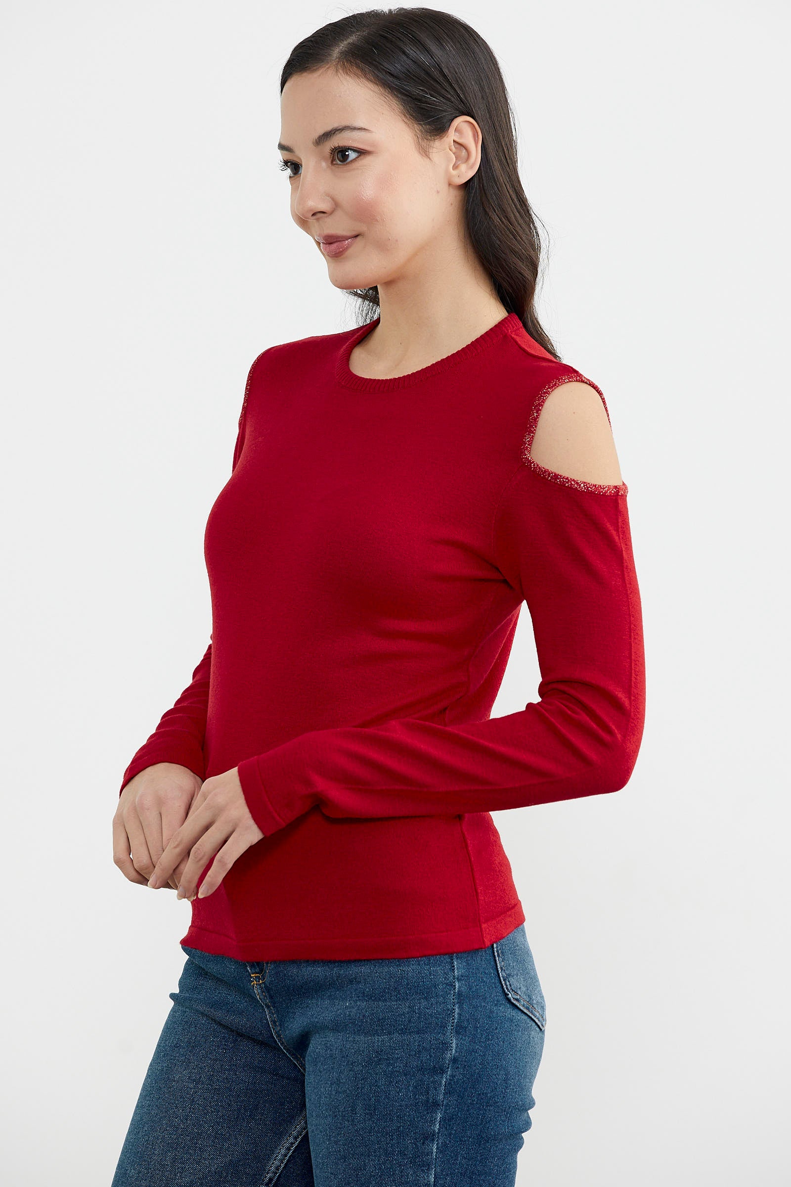 Omuzları Açık Basic Triko Kazak - Kırmızı (5) Sementa