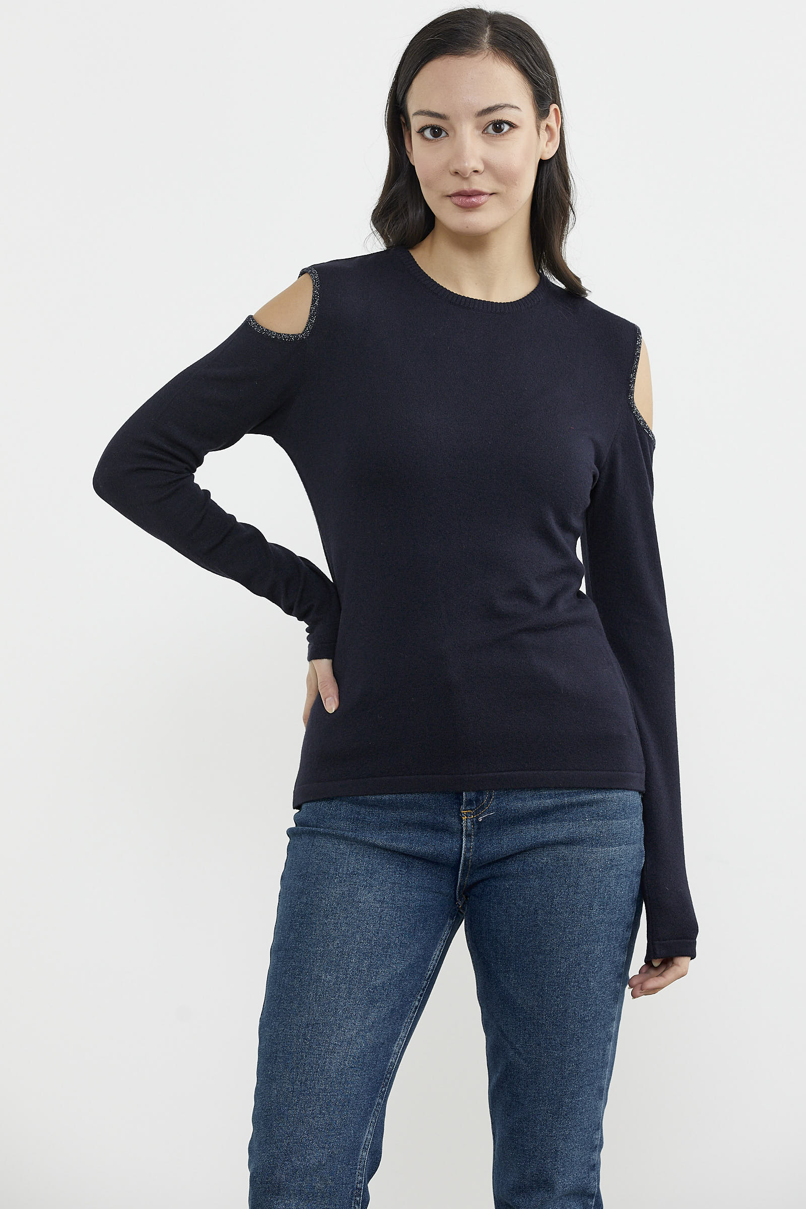 Omuzları Açık Basic Triko Kazak - Lacivert (2) Sementa