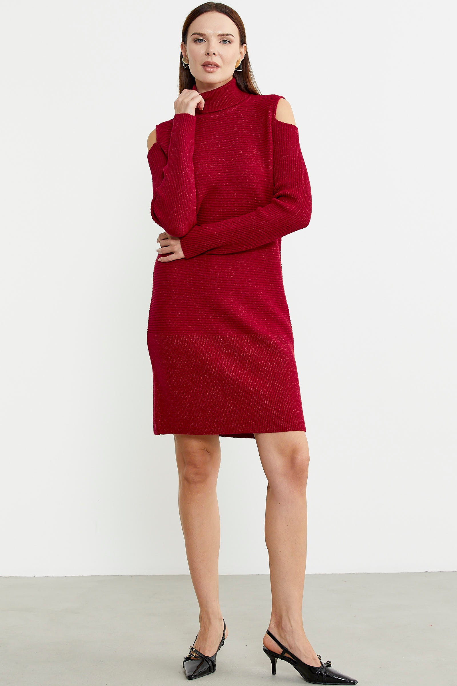 Omuzları Açık Tam Balıkçı Triko Elbise - Kırmızı - Sementa