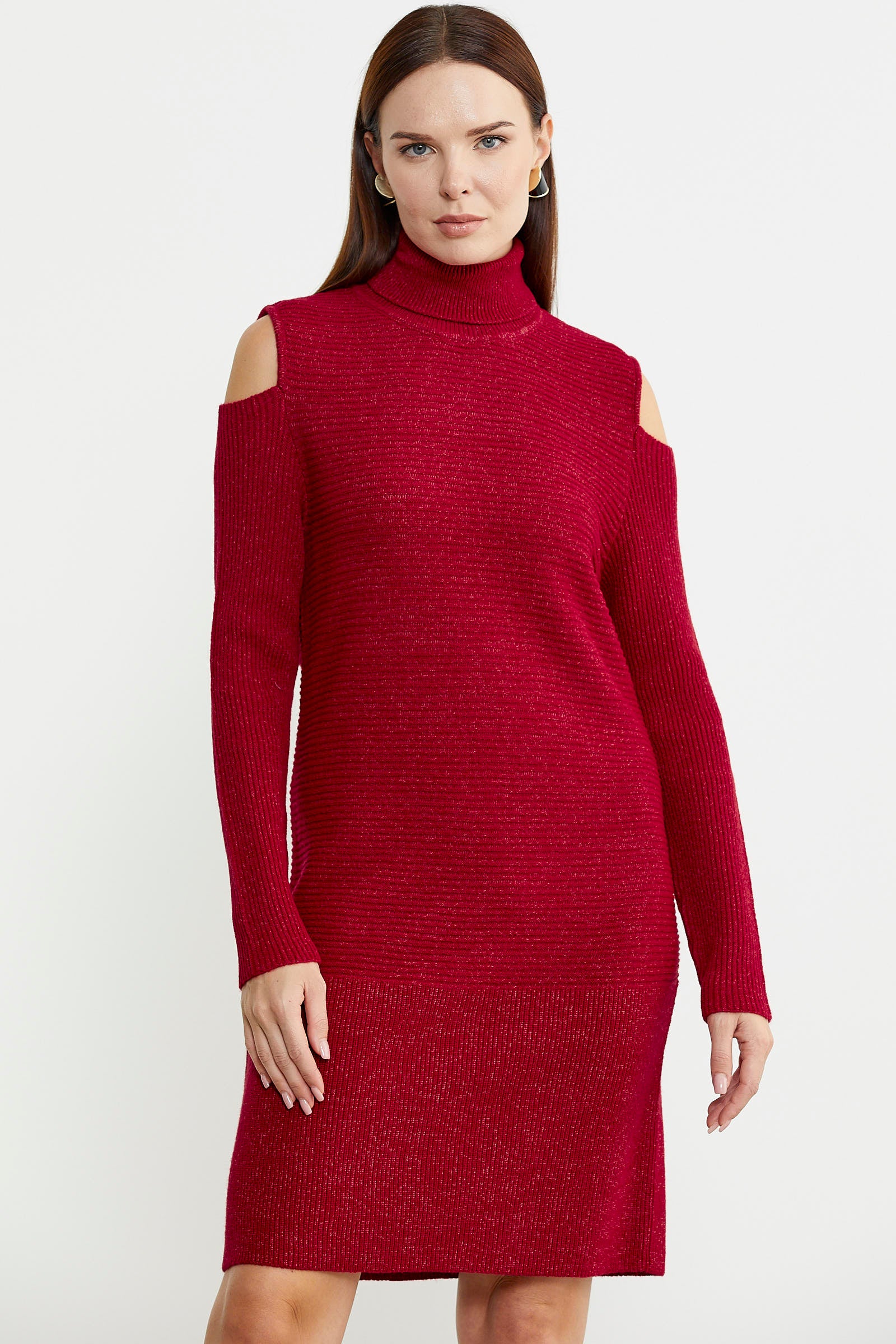 Omuzları Açık Tam Balıkçı Triko Elbise - Kırmızı - Sementa