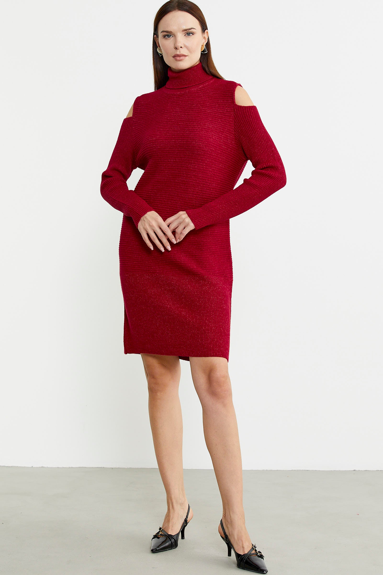 Omuzları Açık Tam Balıkçı Triko Elbise - Kırmızı - Sementa