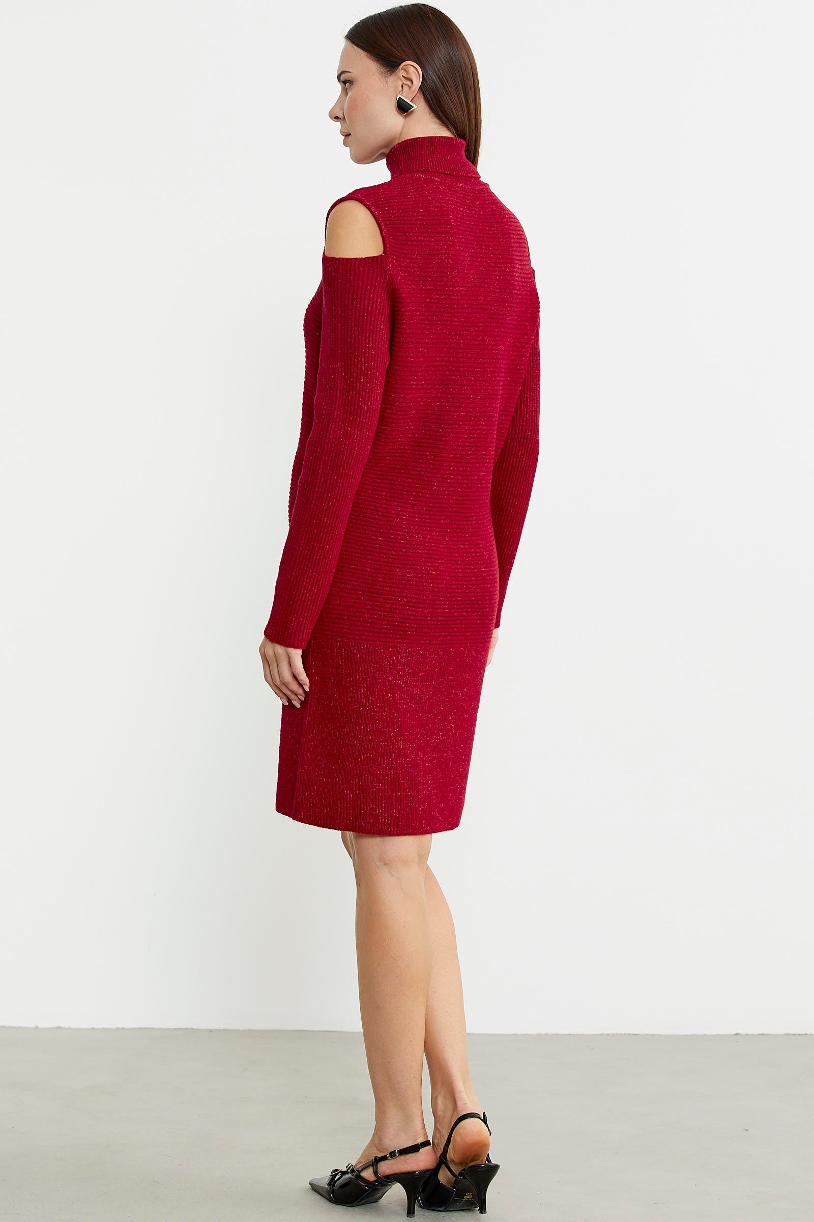 Omuzları Açık Tam Balıkçı Triko Elbise - Kırmızı - Sementa