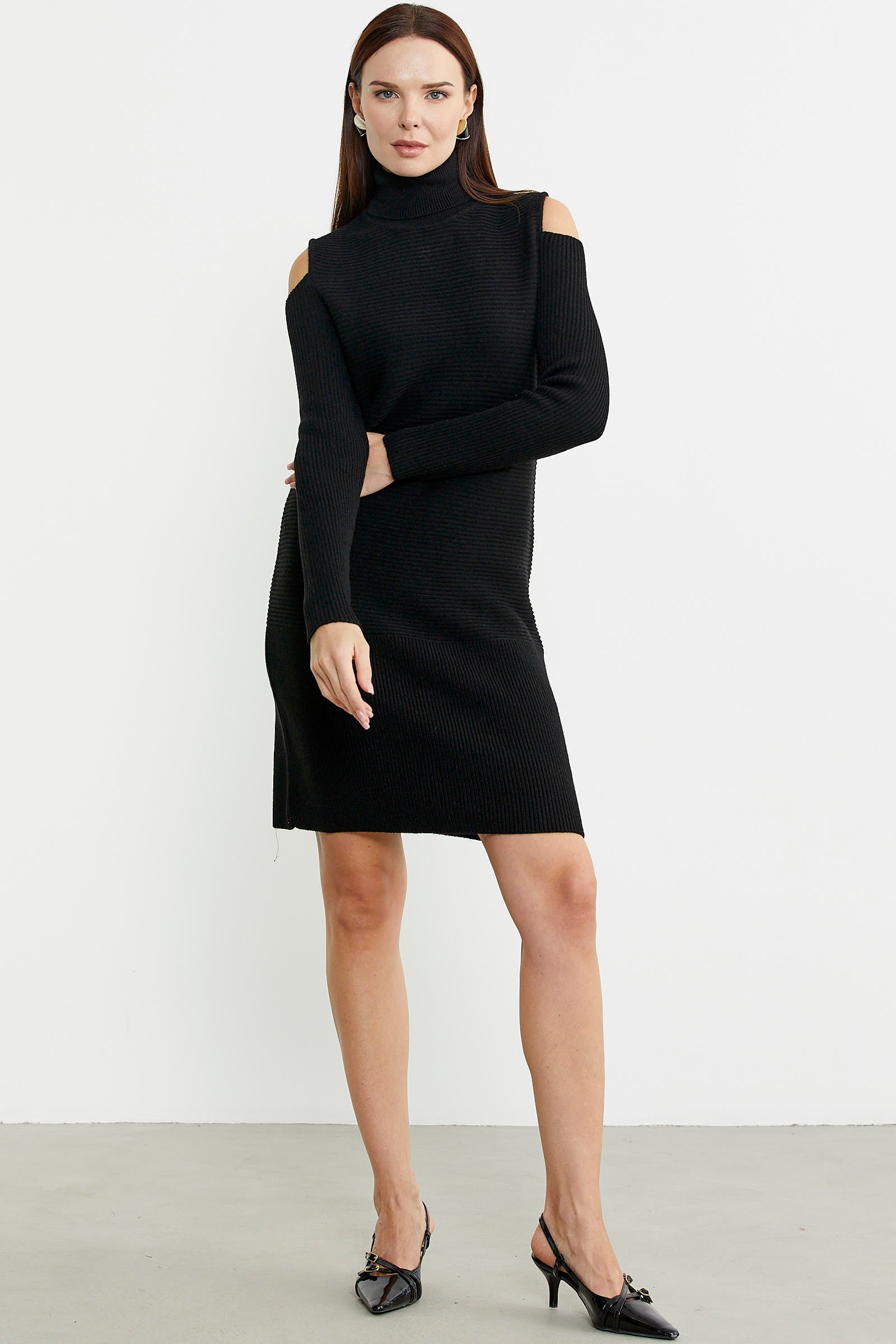 Omuzları Açık Tam Balıkçı Triko Elbise - Siyah - Sementa