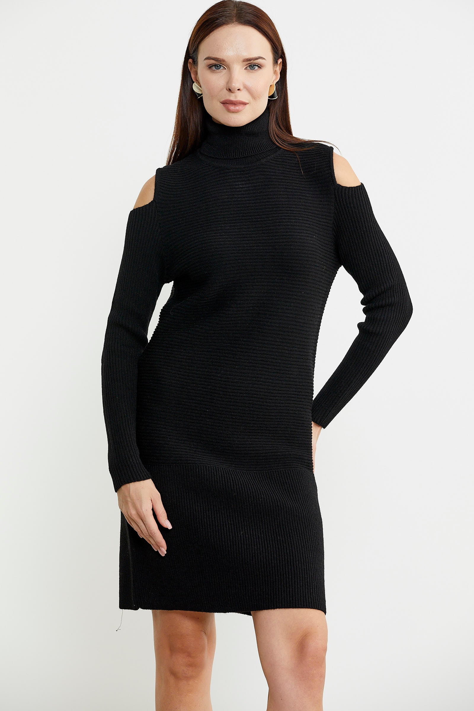 Omuzları Açık Tam Balıkçı Triko Elbise - Siyah - Sementa