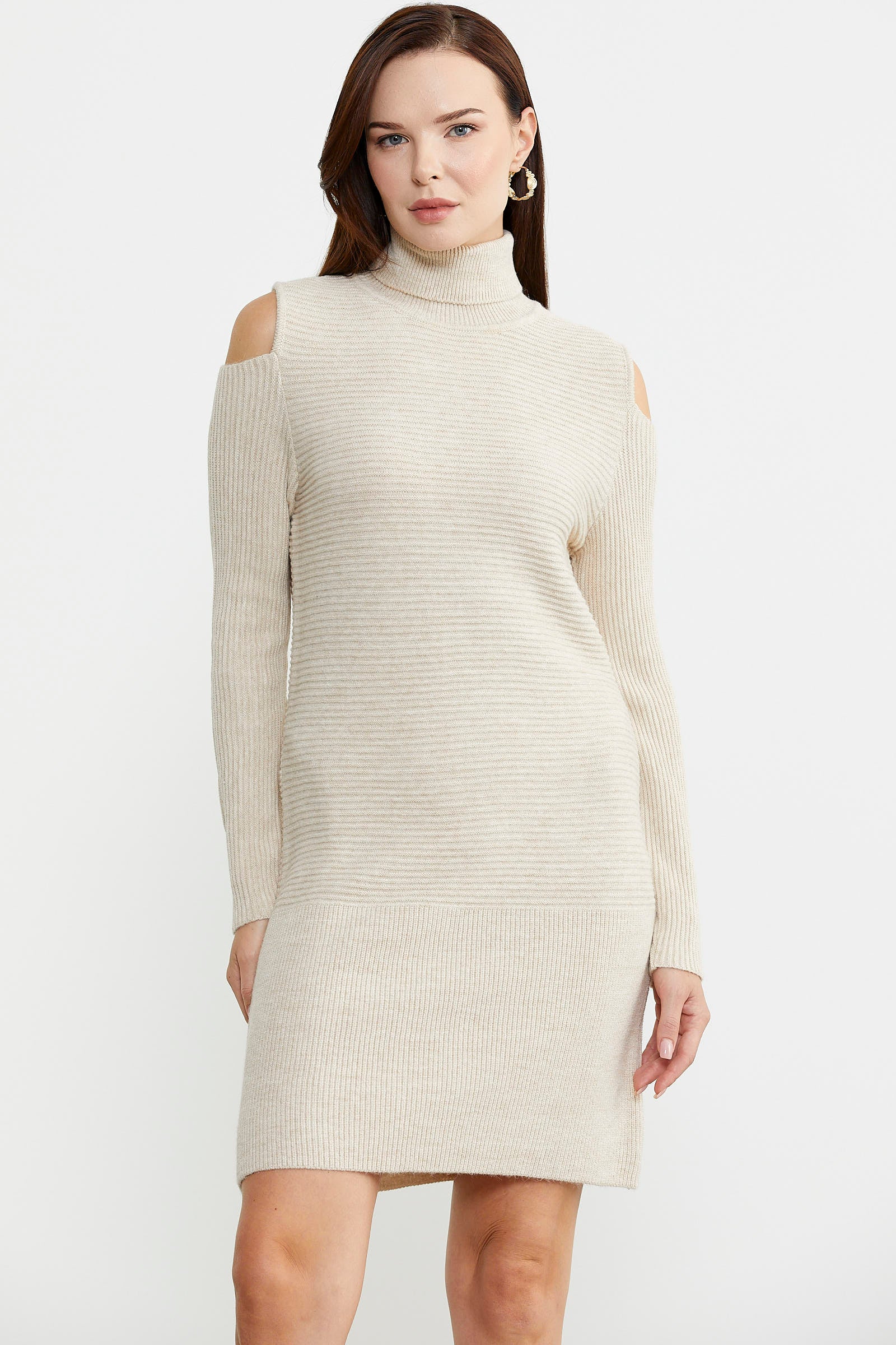 Omuzları Açık Tam Balıkçı Triko Elbise - Taş - Sementa