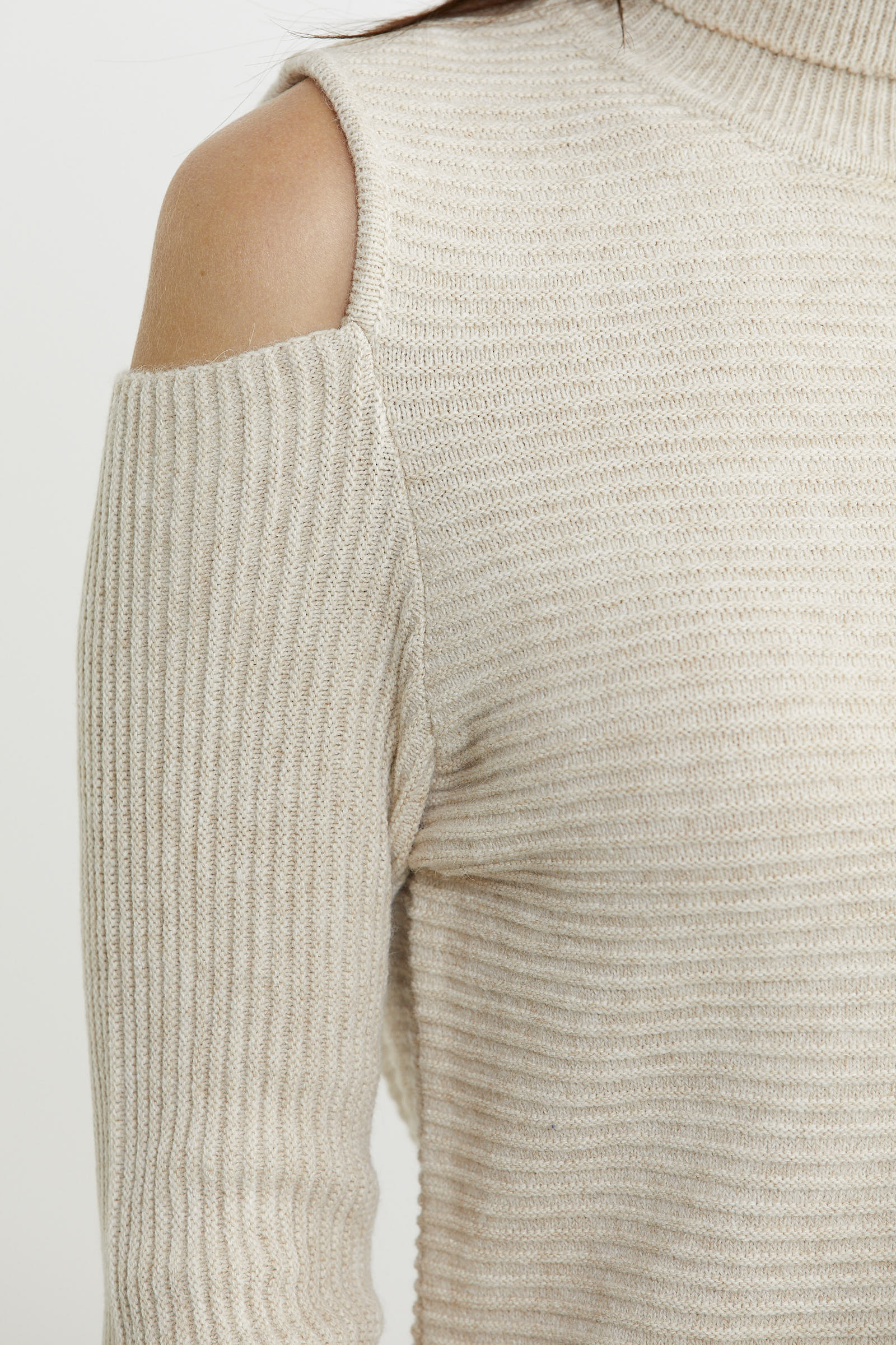 Omuzları Açık Tam Balıkçı Triko Elbise - Taş - Sementa