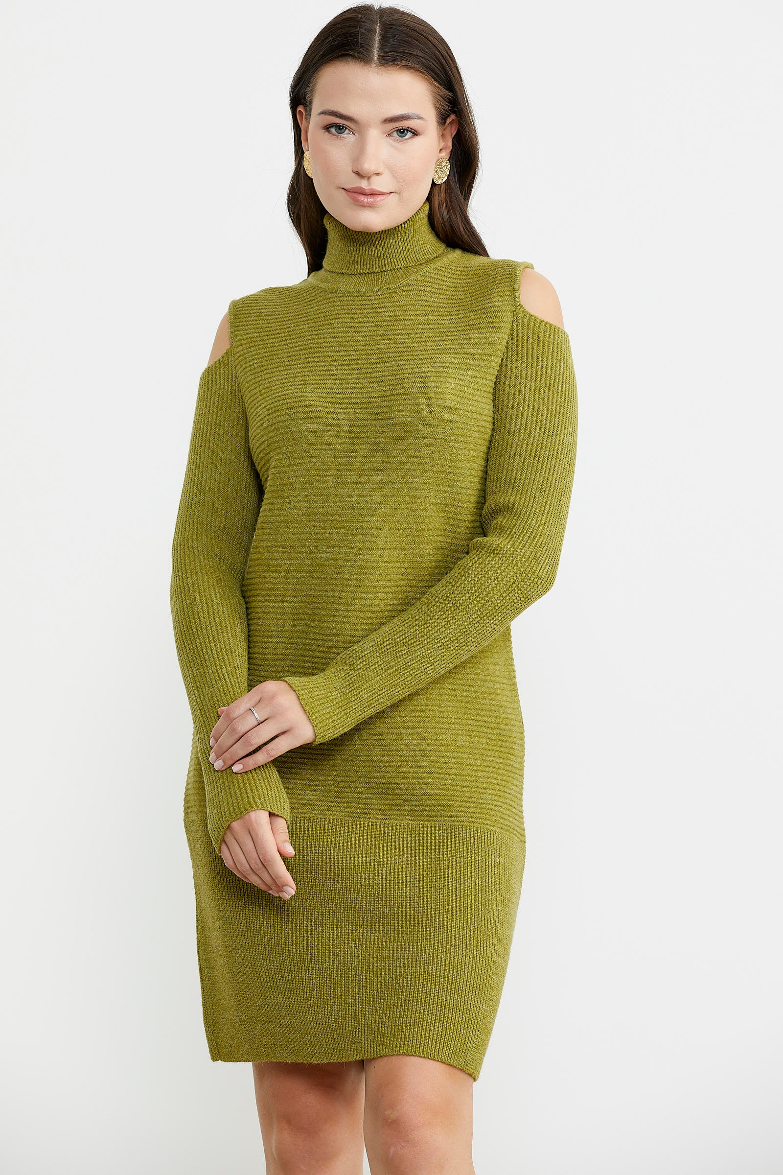 Omuzları Açık Tam Balıkçı Triko Elbise - Yeşil - Sementa