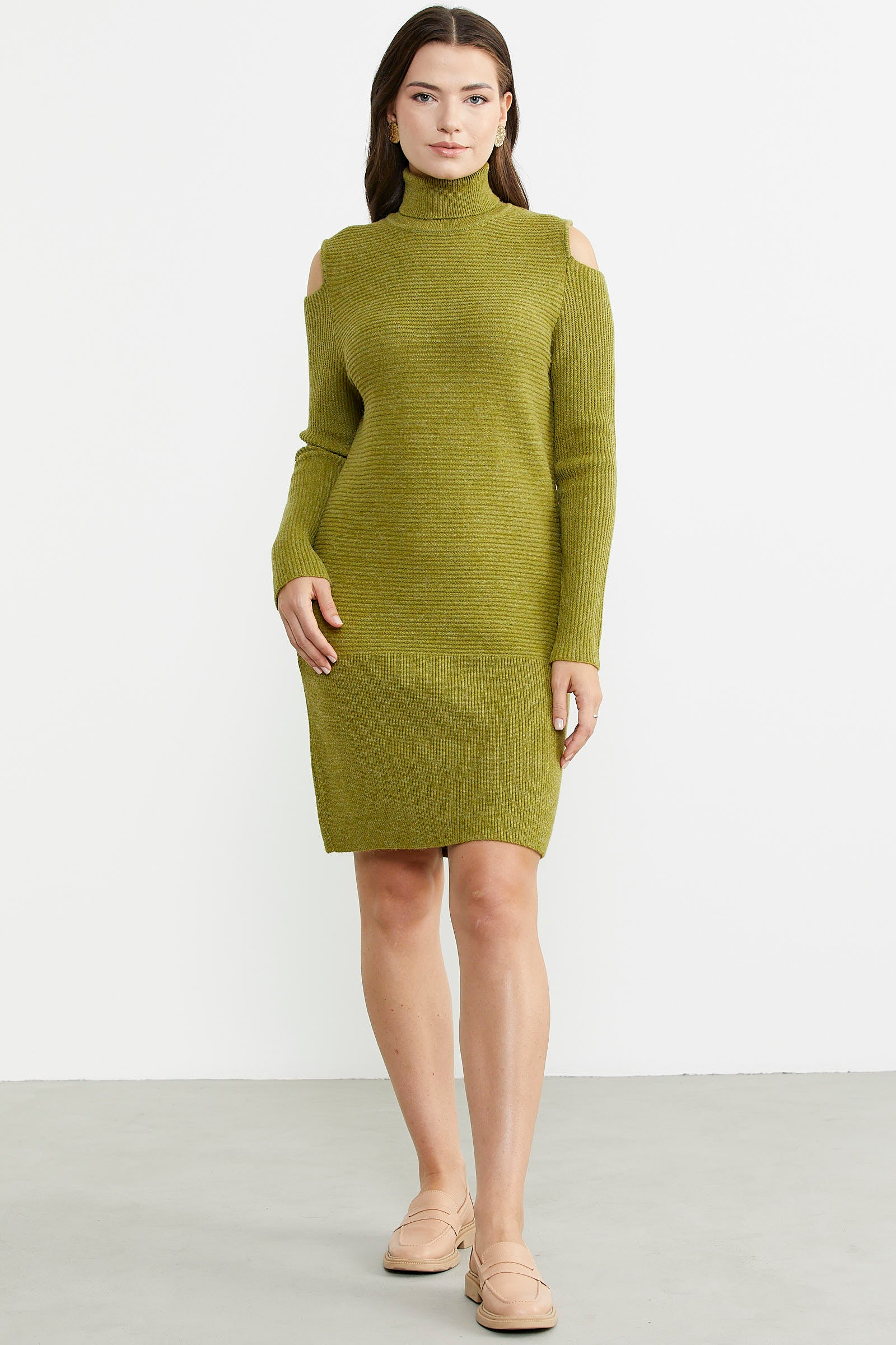 Omuzları Açık Tam Balıkçı Triko Elbise - Yeşil - Sementa