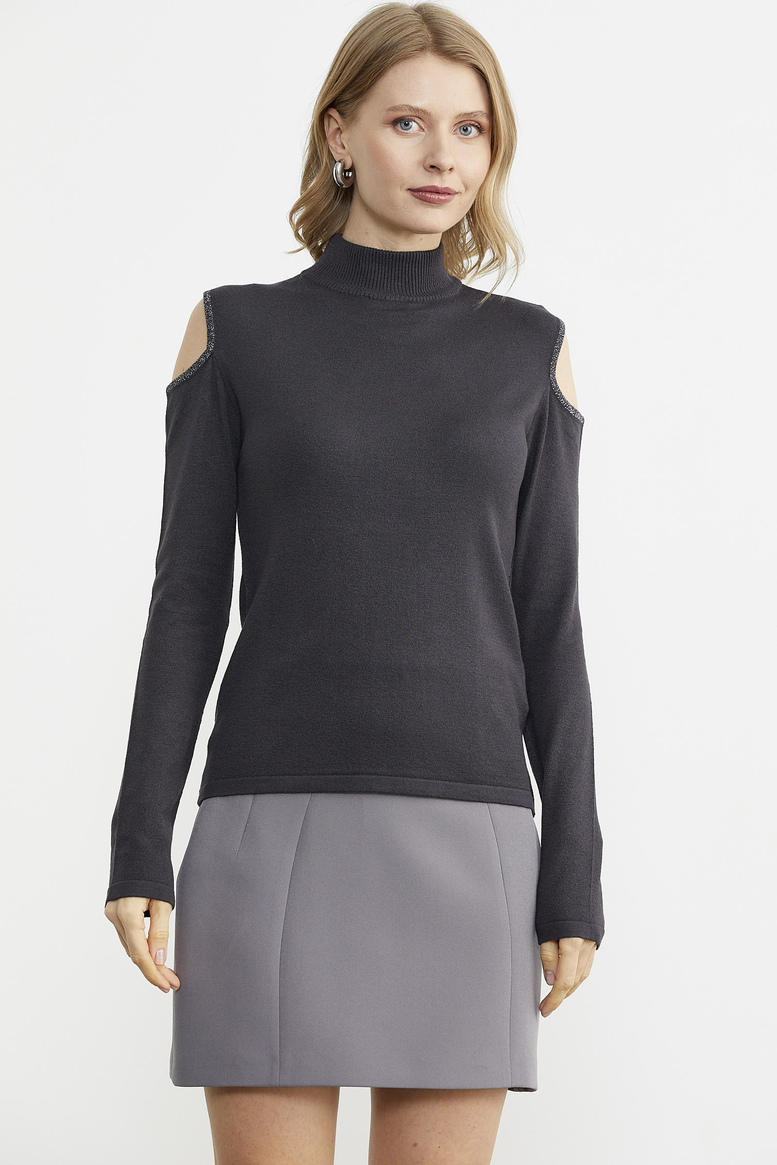 Omuzları Açık Triko Kazak - Antrasit (1) Sementa