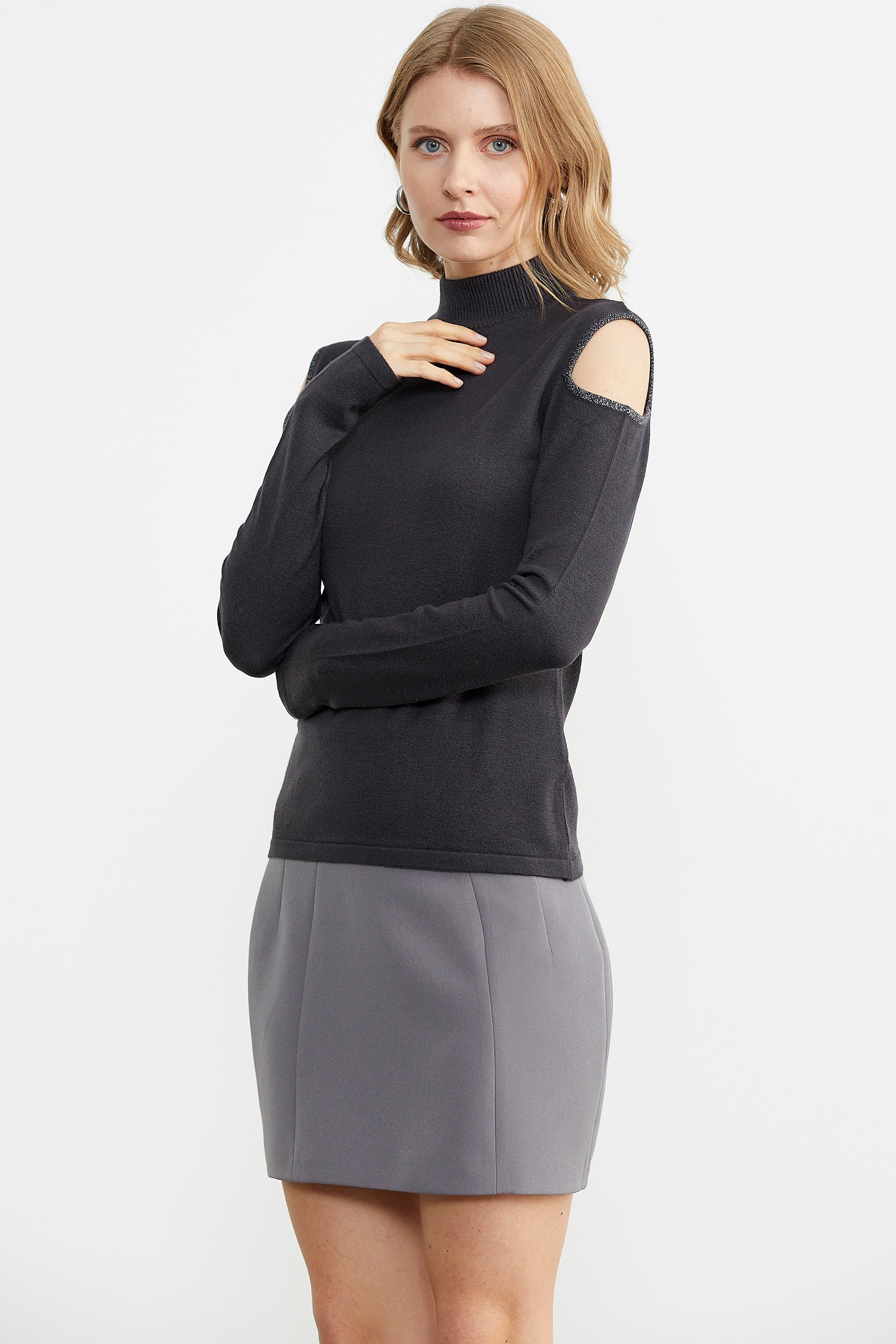 Omuzları Açık Triko Kazak - Antrasit (3) Sementa