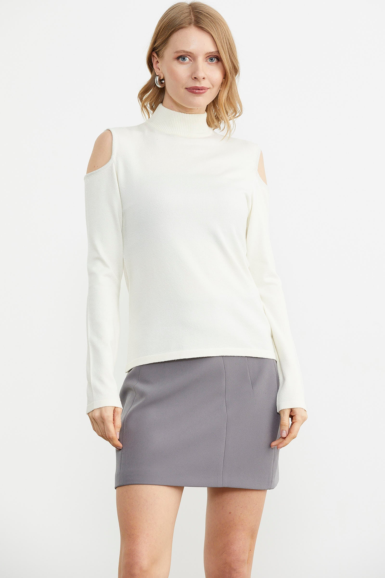 Omuzları Açık Triko Kazak - Kemik (1) Sementa