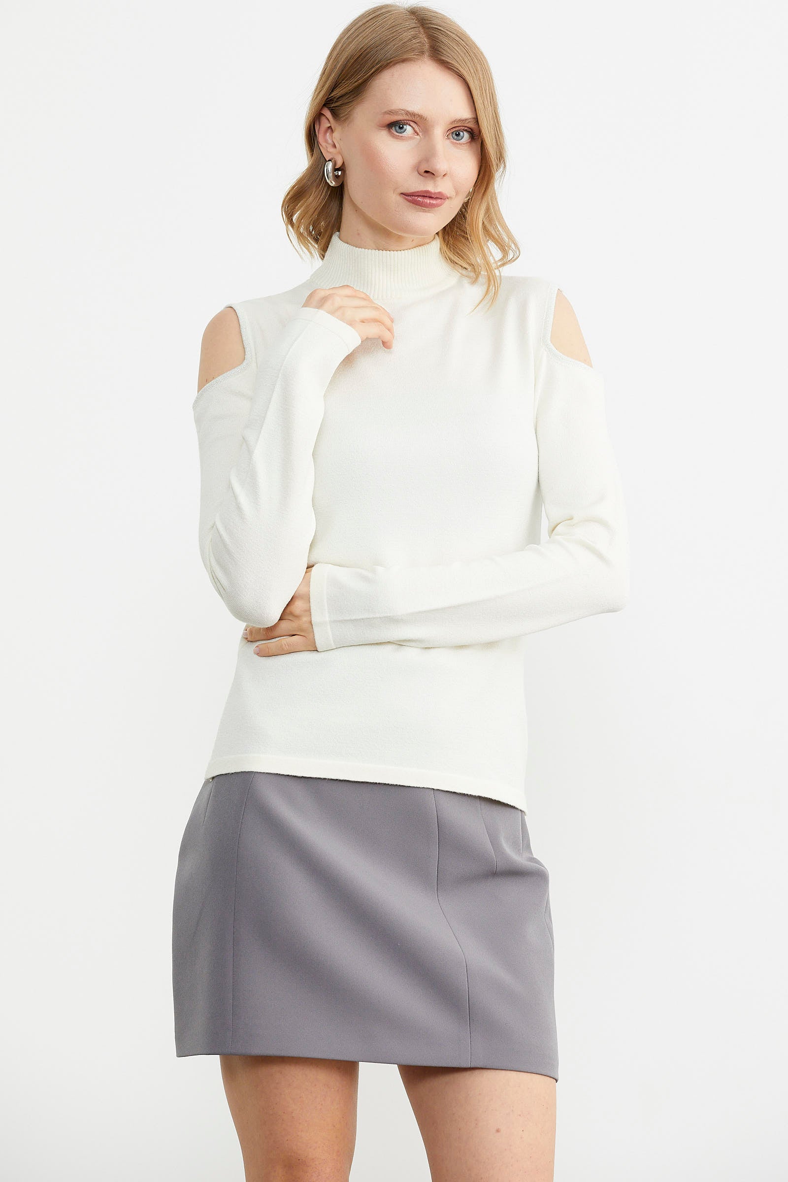 Omuzları Açık Triko Kazak - Kemik (2) Sementa