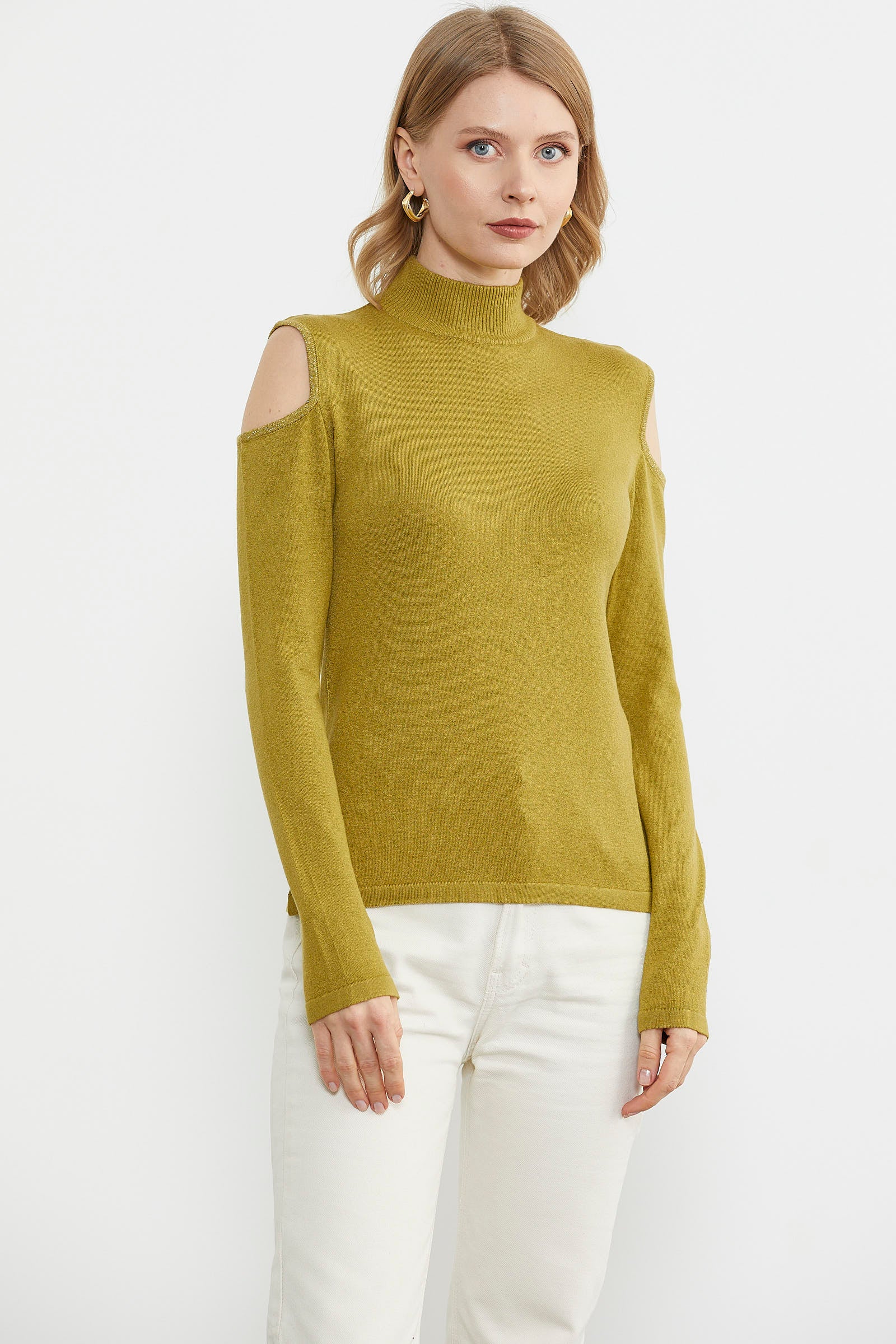 Omuzları Açık Triko Kazak - Yeşil (1) Sementa