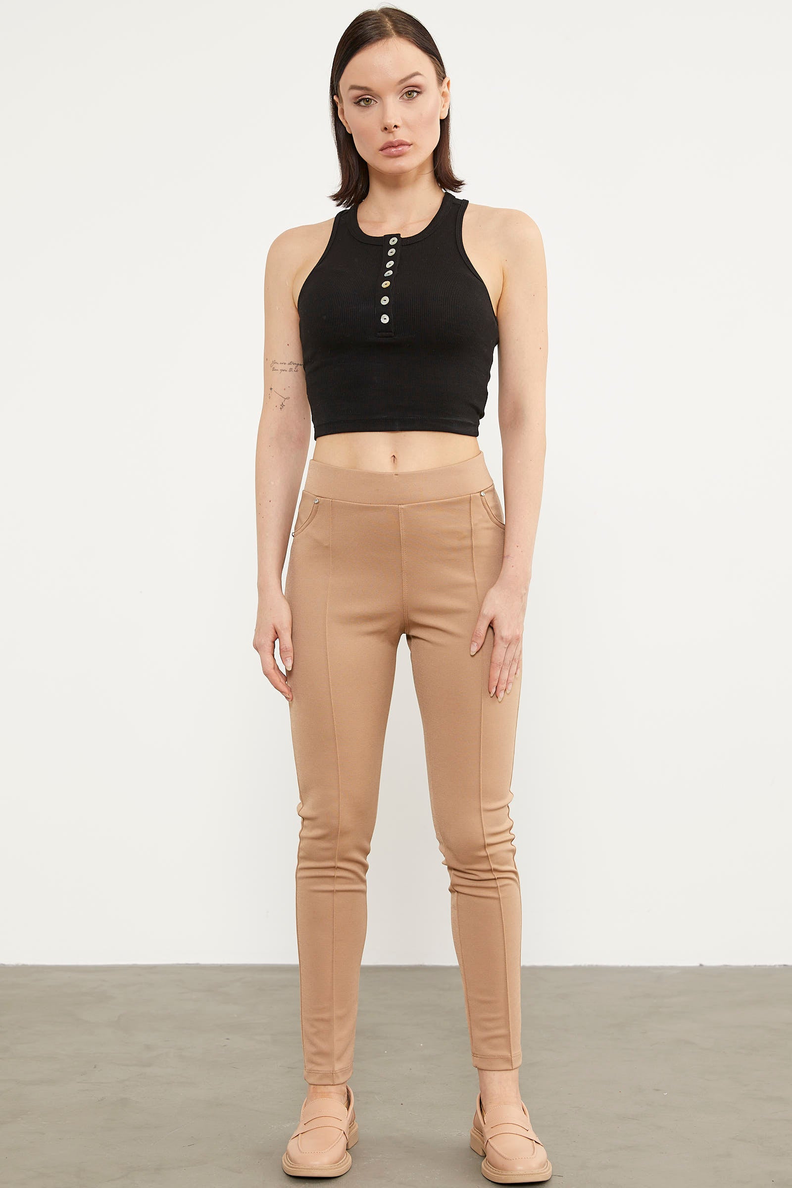 Önden Dikiş Detaylı Tayt - Bej (1) Sementa