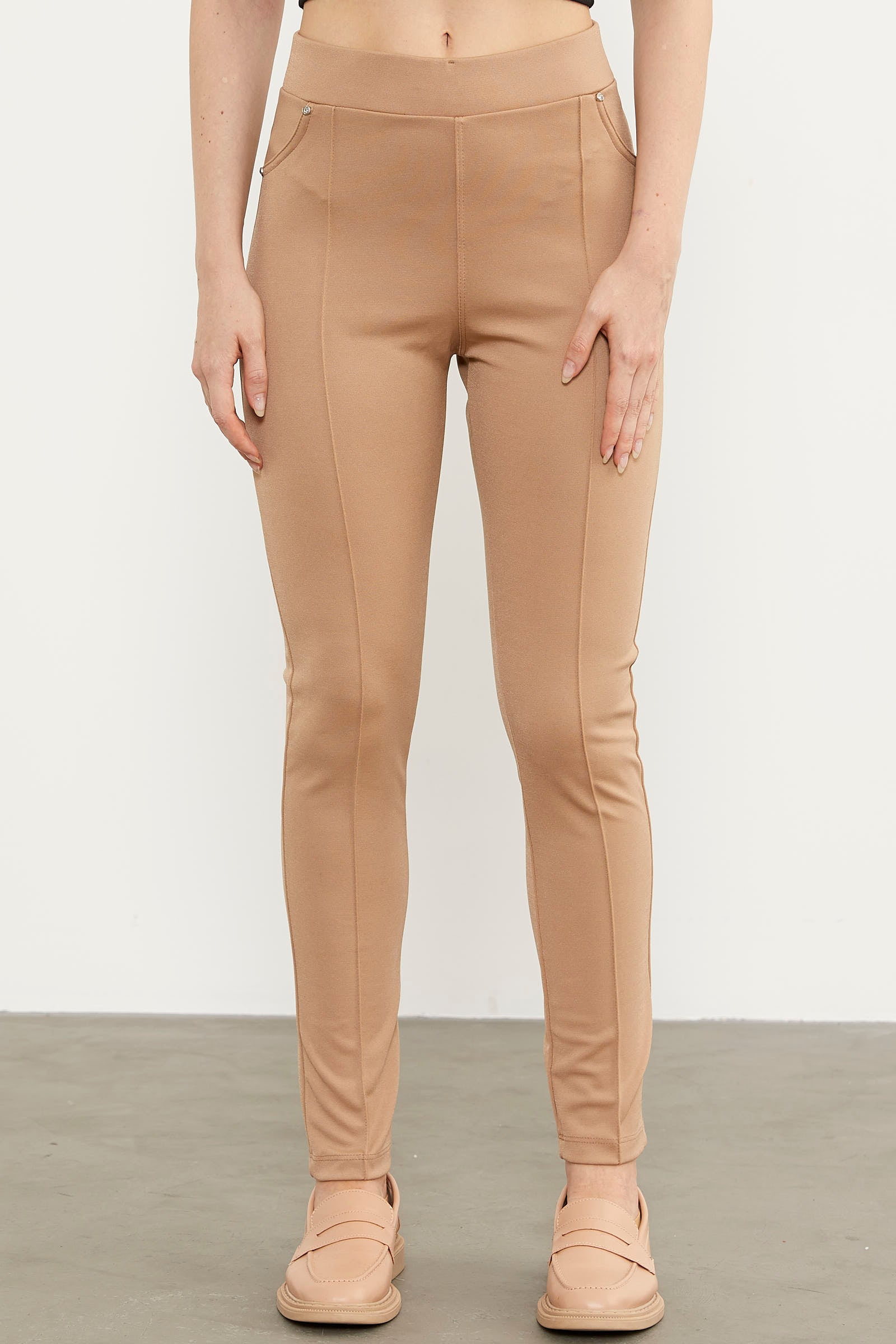 Önden Dikiş Detaylı Tayt - Bej (3) Sementa