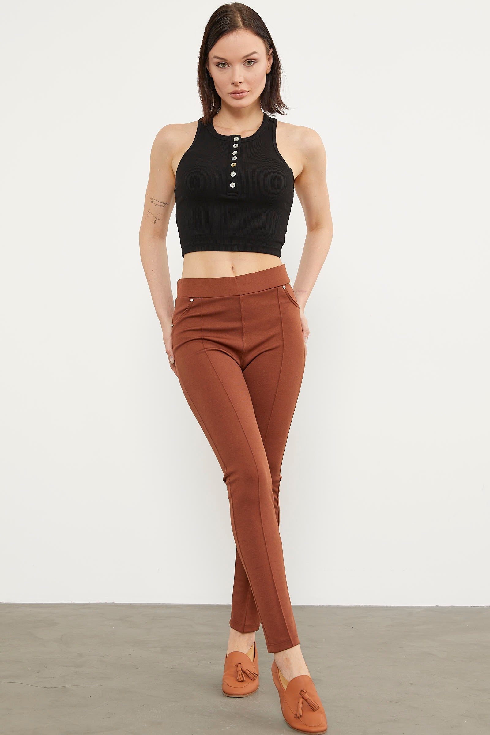 Önden Dikiş Detaylı Tayt - Kiremit (1) Sementa