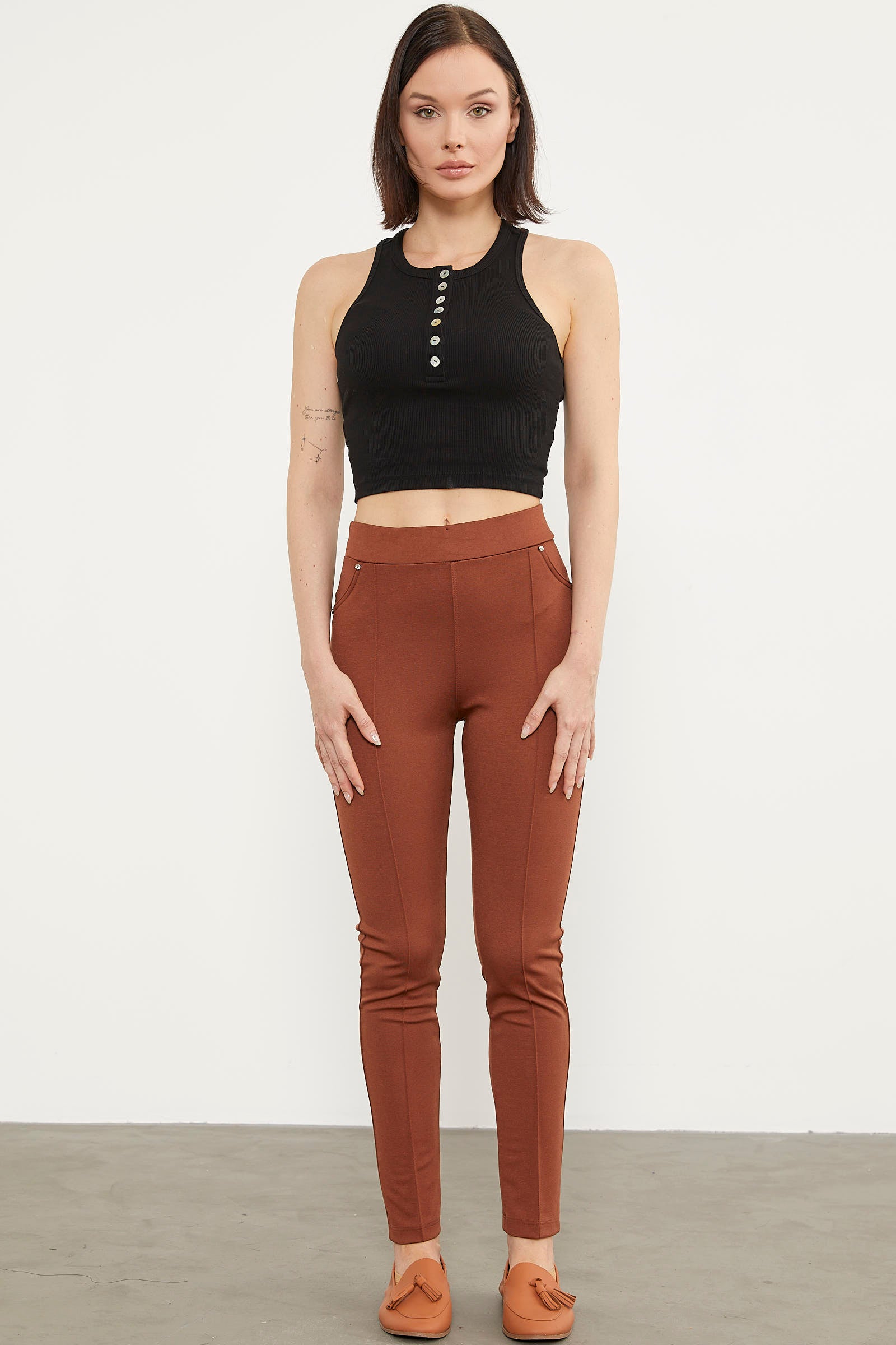 Önden Dikiş Detaylı Tayt - Kiremit (3) Sementa