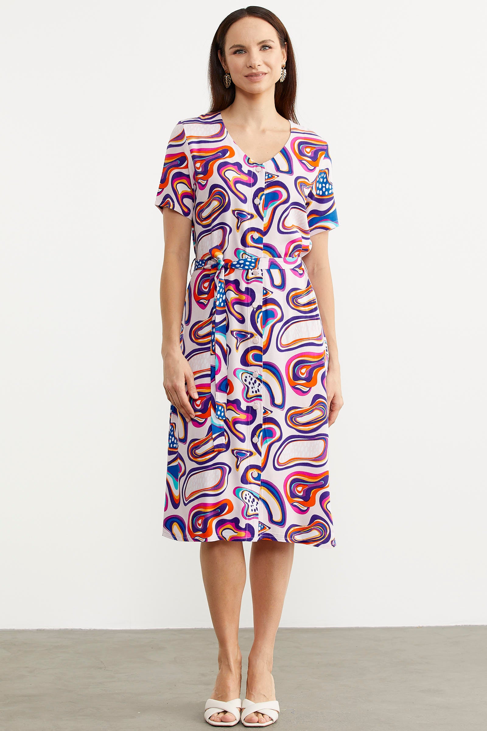 Önden Düğmeli Desenli Viskon Elbise - Ekru (1) Sementa