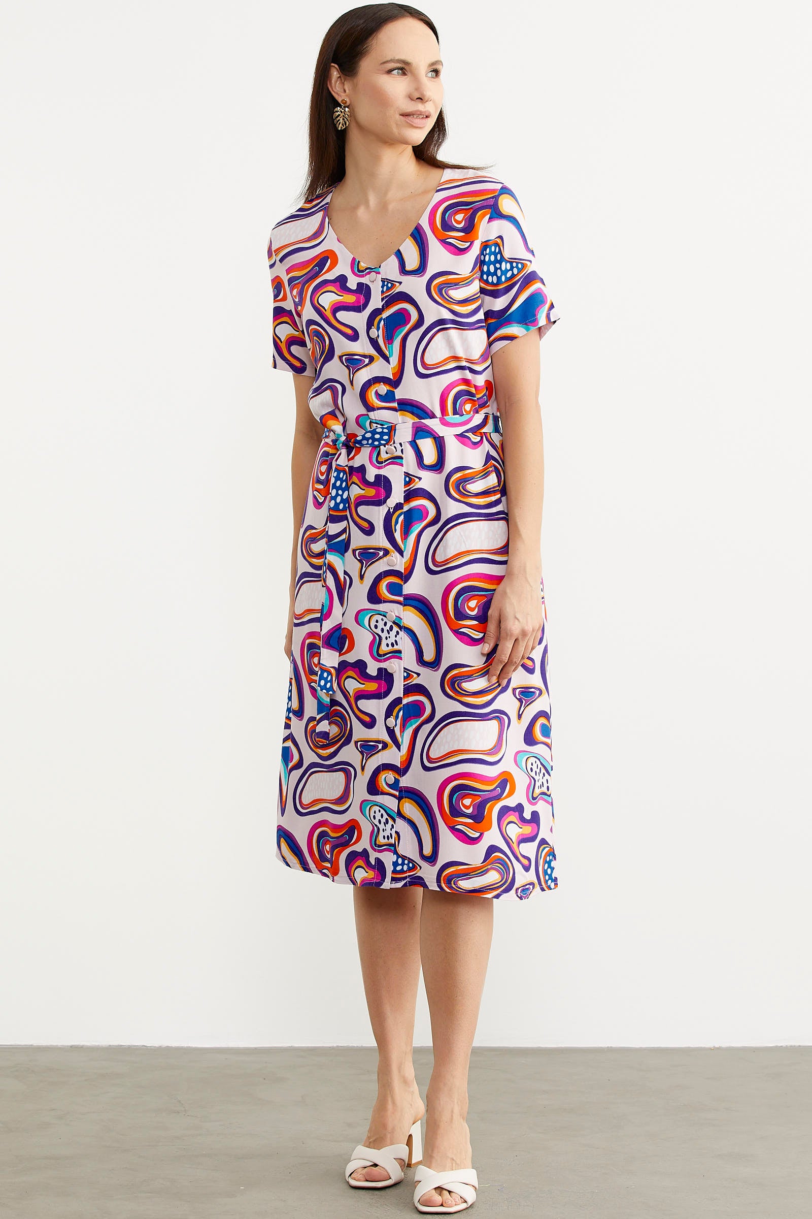 Önden Düğmeli Desenli Viskon Elbise - Ekru (2) Sementa