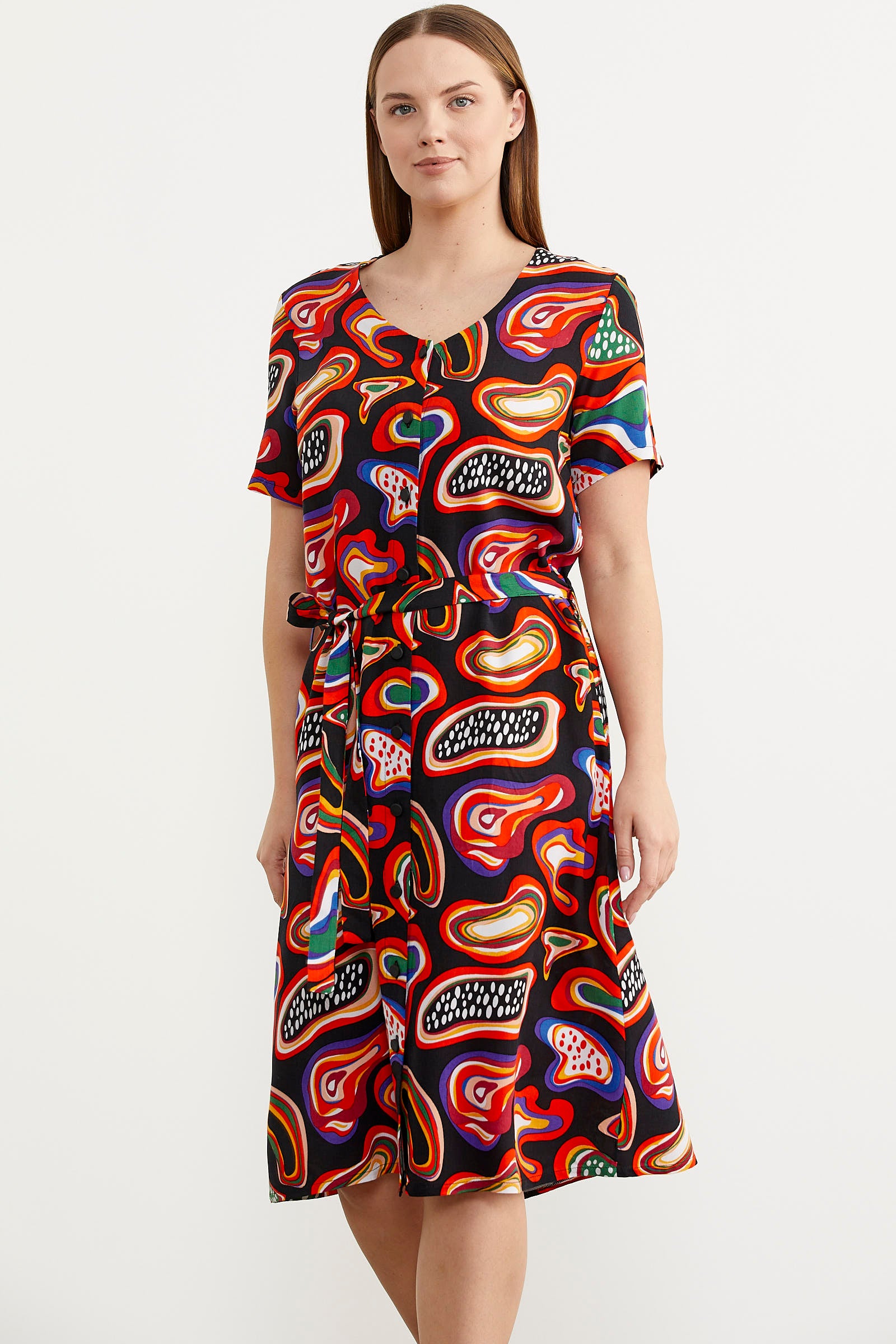 Önden Düğmeli Desenli Viskon Elbise - Siyah (3) Sementa