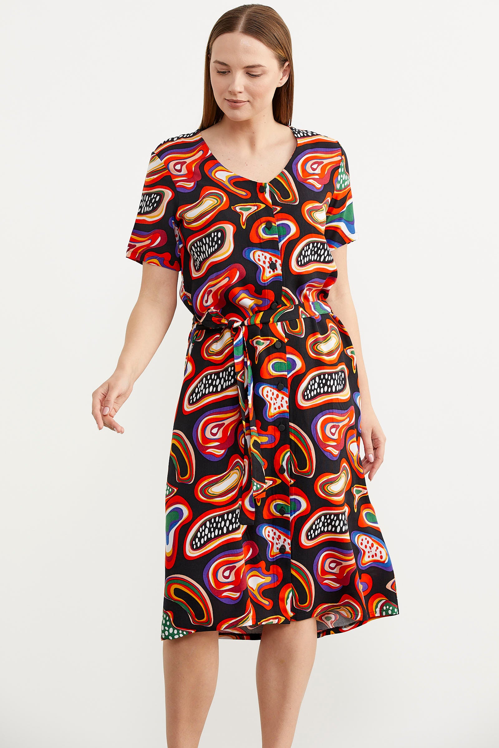 Önden Düğmeli Desenli Viskon Elbise - Siyah (4) Sementa