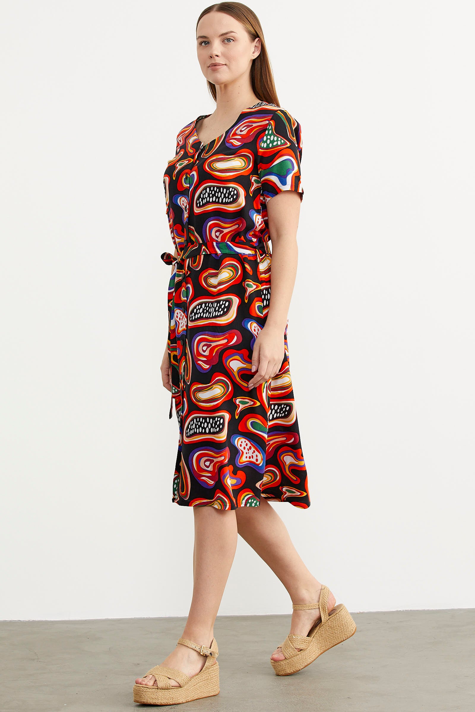 Önden Düğmeli Desenli Viskon Elbise - Siyah (5) Sementa