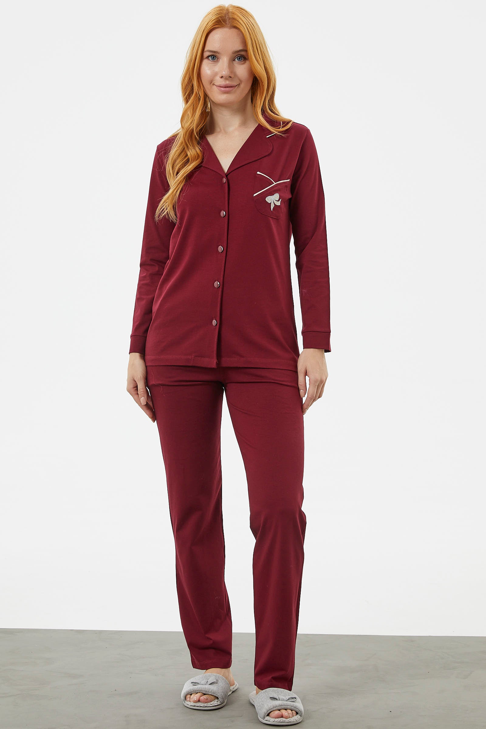 Önden Düğmeli Gömlek Pijama Takım - Bordo (1) Sementa