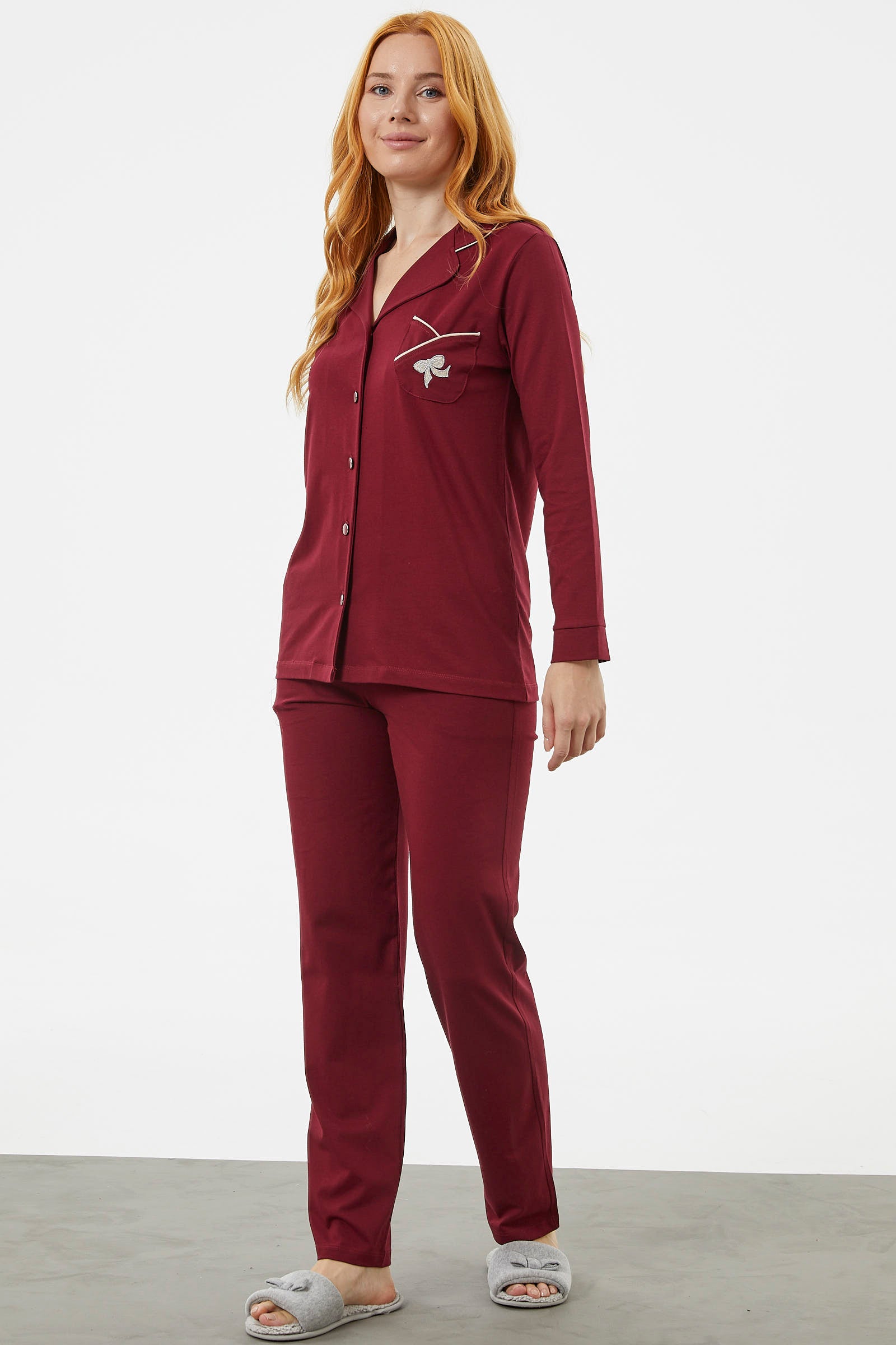 Önden Düğmeli Gömlek Pijama Takım - Bordo (2) Sementa