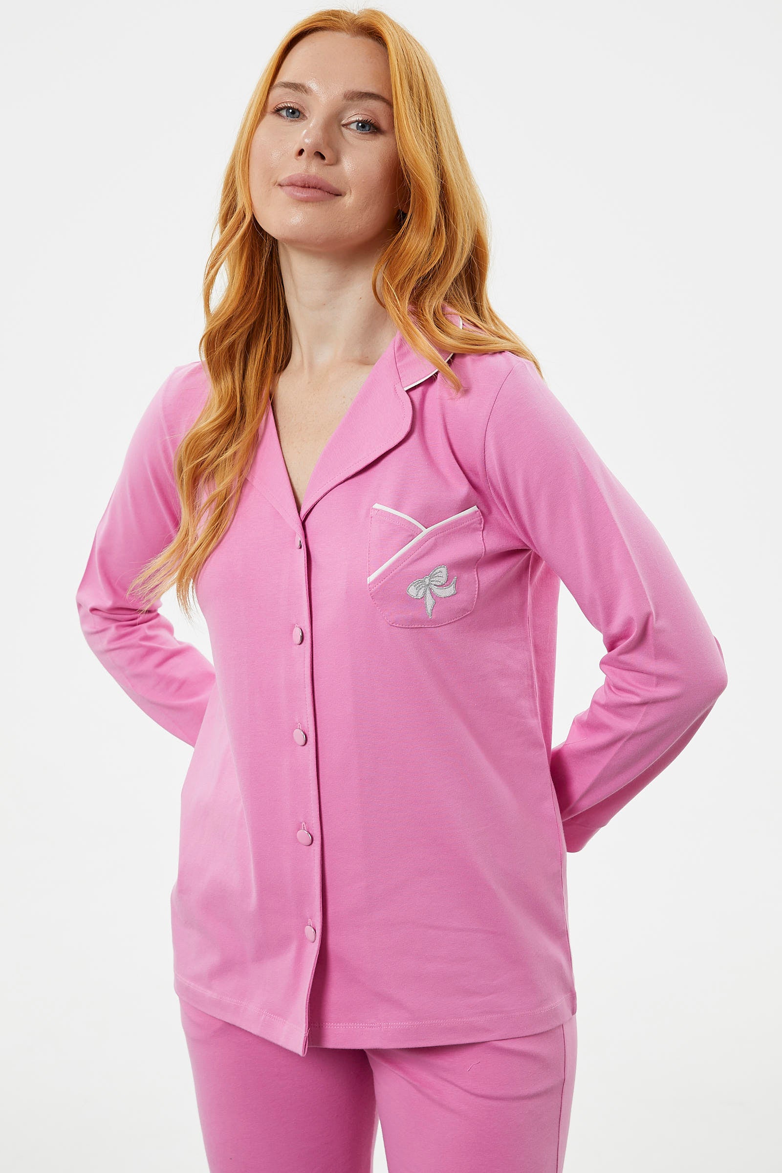 Önden Düğmeli Gömlek Pijama Takım - Pembe (5) Sementa