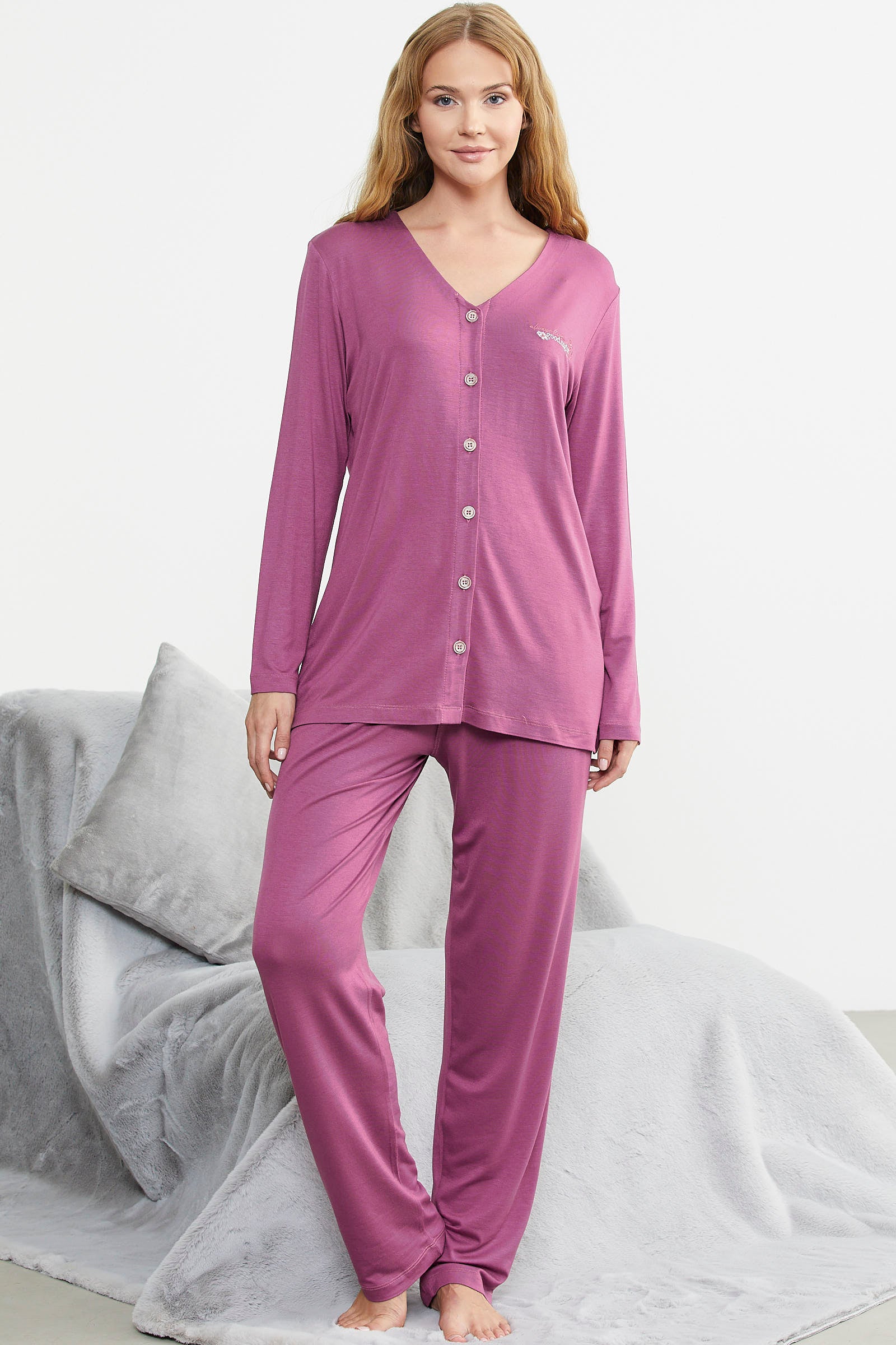 Önden Düğmeli Rahat Kalıp Pijama Takım - Gül - Sementa