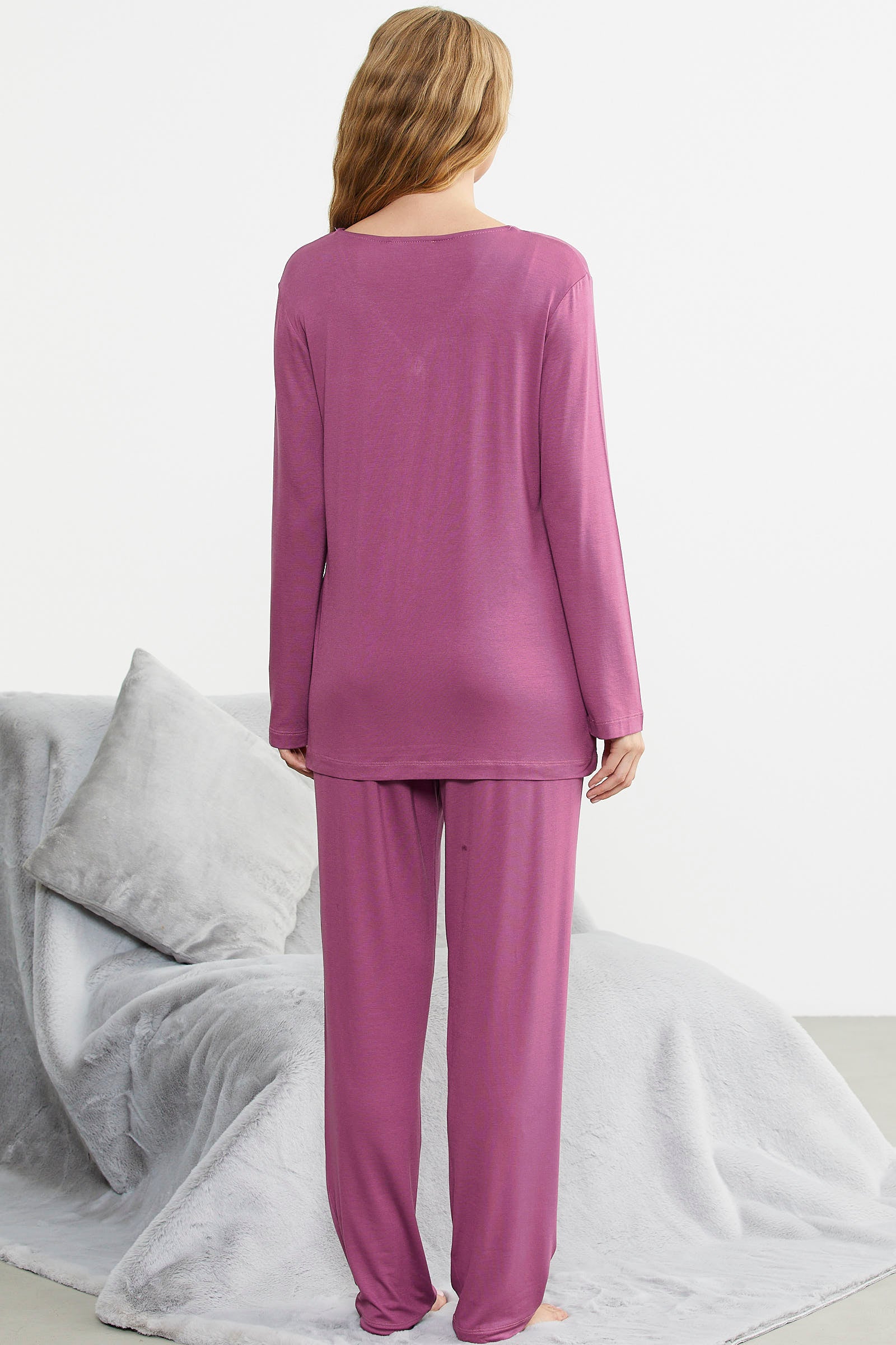 Önden Düğmeli Rahat Kalıp Pijama Takım - Gül - Sementa