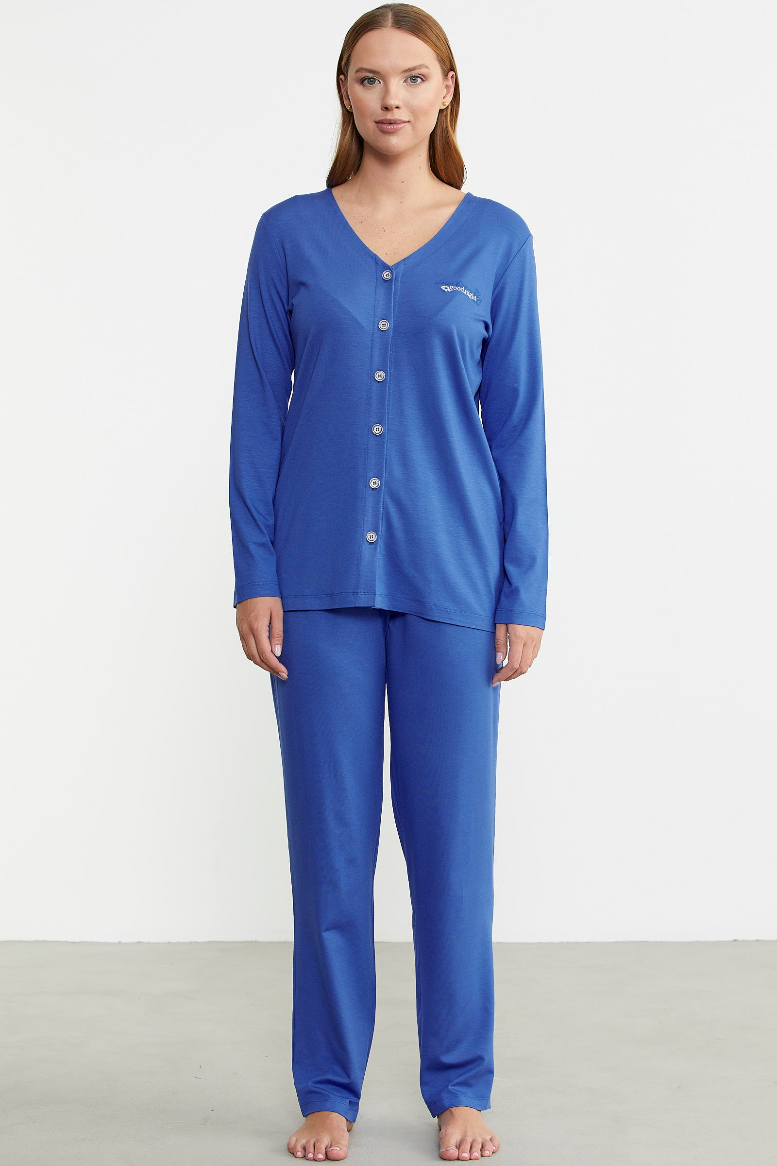 Önden Düğmeli Rahat Kalıp Pijama Takım - Saks - Sementa