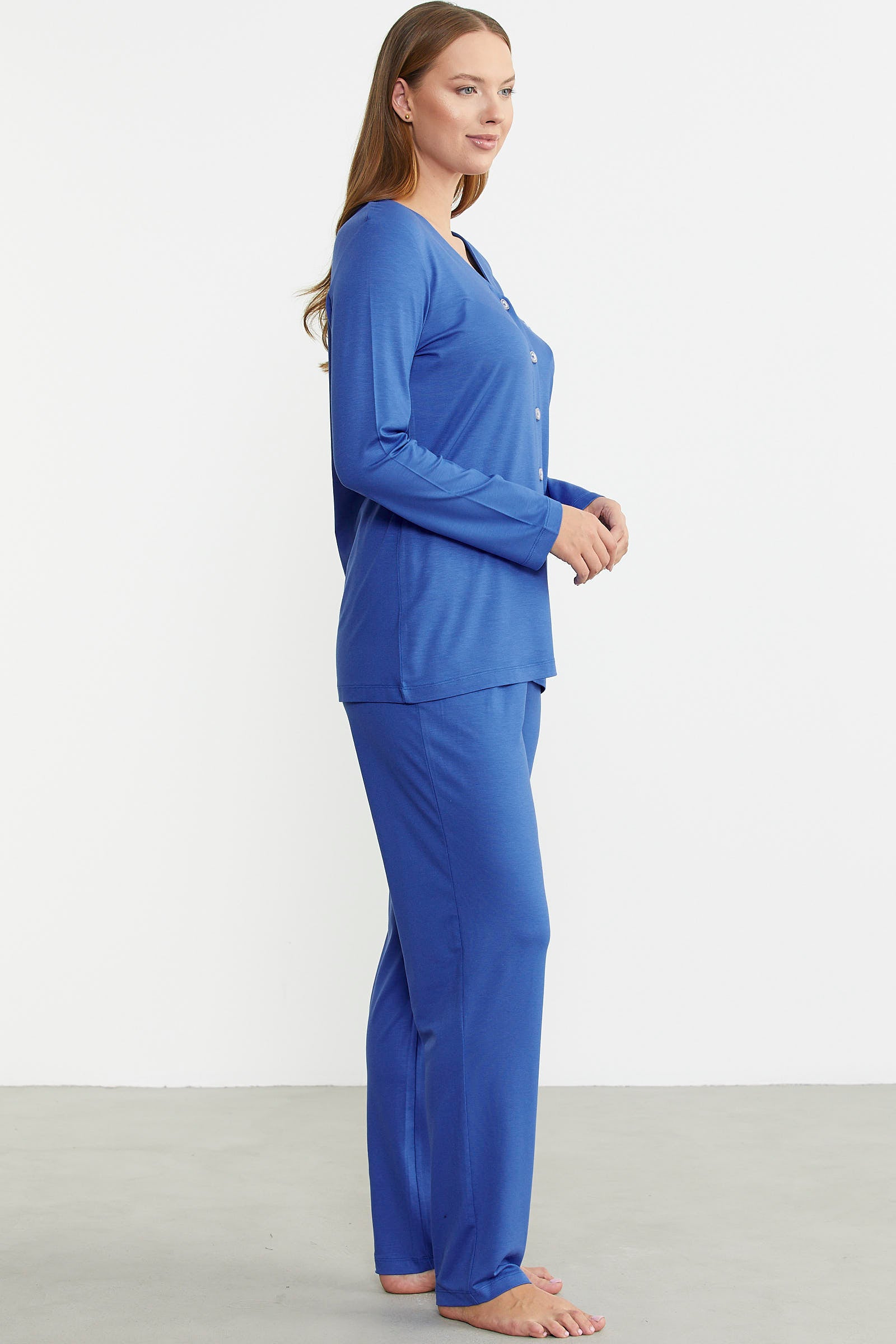 Önden Düğmeli Rahat Kalıp Pijama Takım - Saks - Sementa