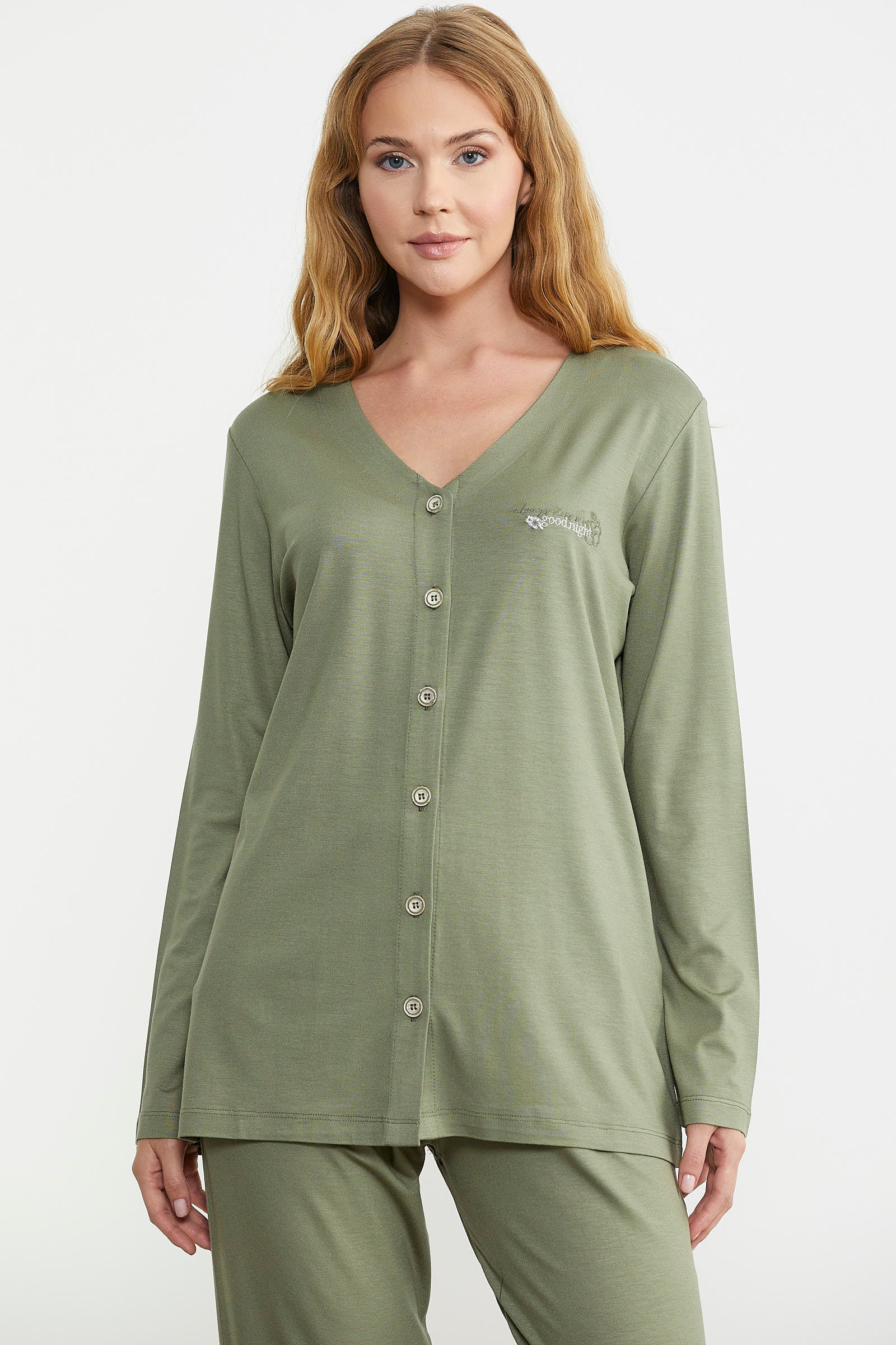 Önden Düğmeli Rahat Kalıp Pijama Takım - Yeşil - Sementa