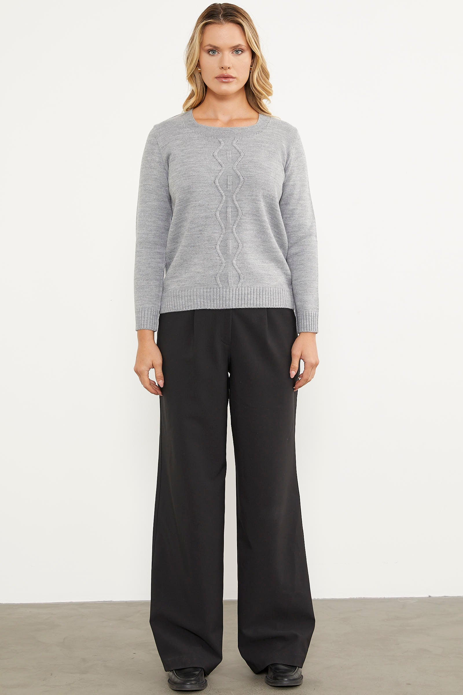 Önü Örgü Detaylı Triko Basic Kazak - Gri (5) Sementa