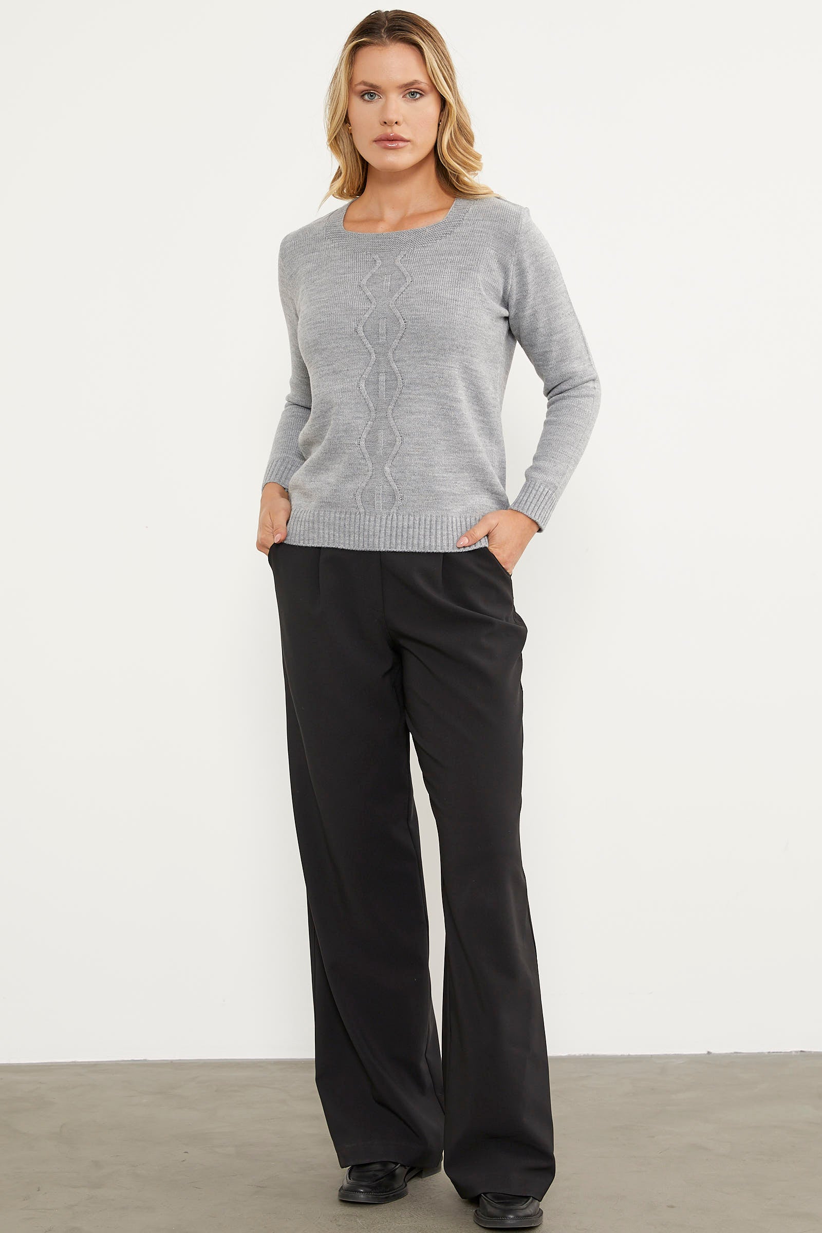 Önü Örgü Detaylı Triko Basic Kazak - Gri (6) Sementa