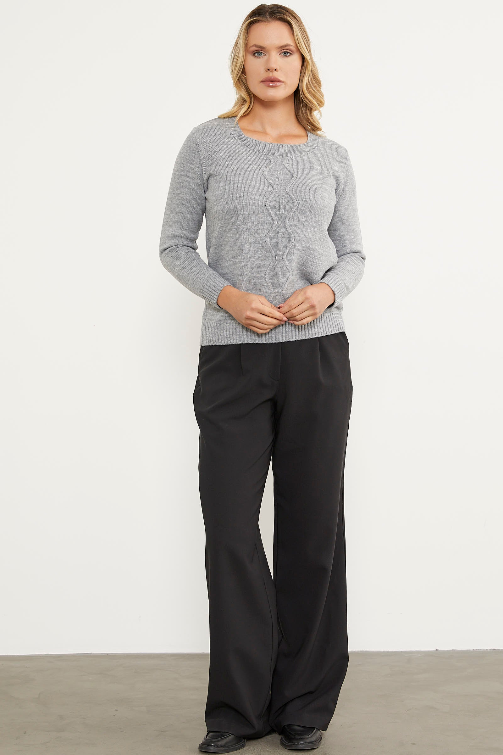 Önü Örgü Detaylı Triko Basic Kazak - Gri (3) Sementa